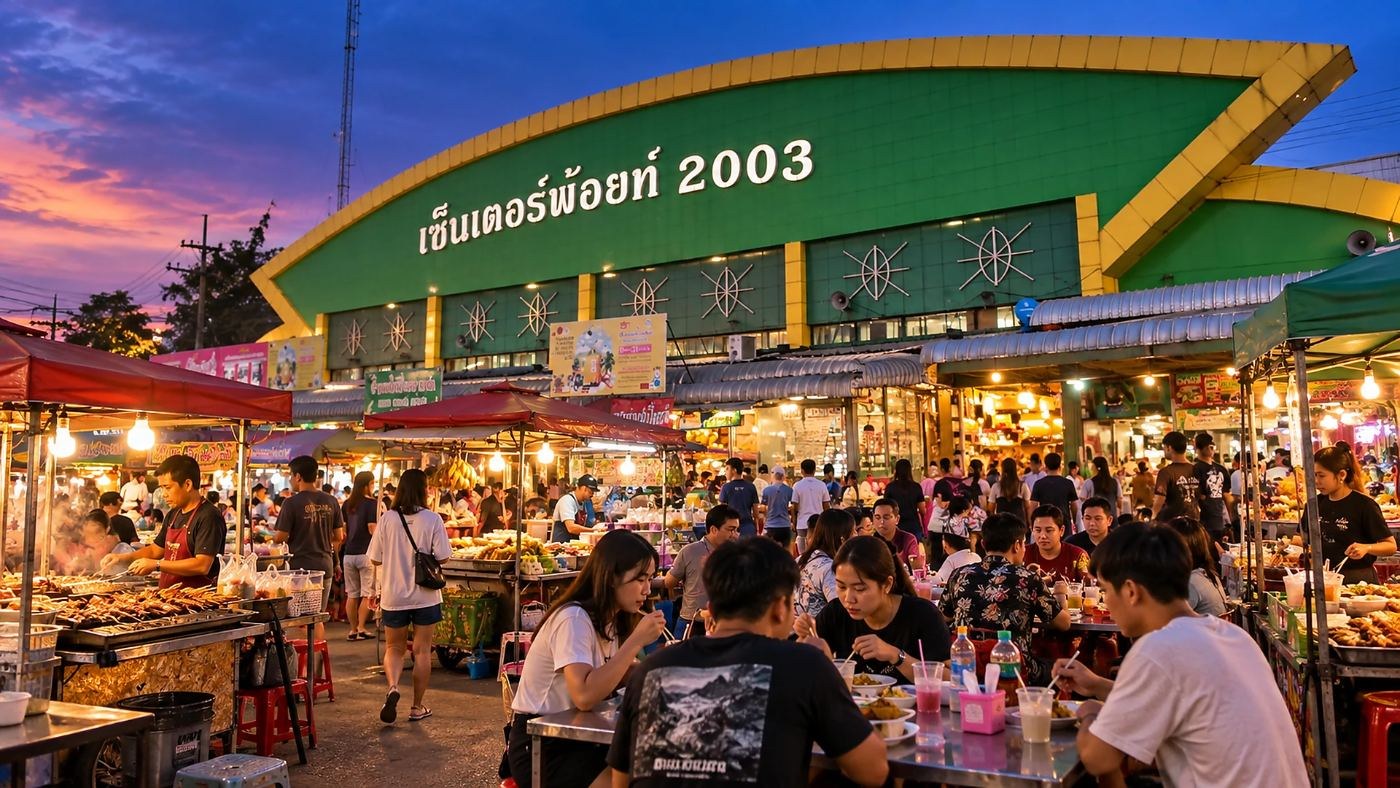 Crowds dining at Centerpoint 2003 night market entrance in Udon Thani at dusk