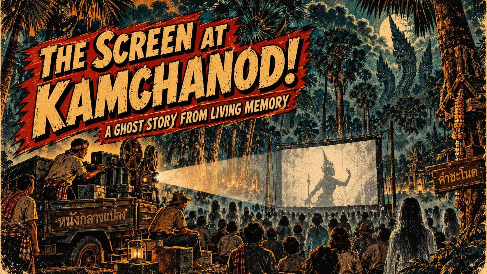 The Screen at Kamchanod, a pulp-poster style illustration of a ghostly night screening at Kam Chanot