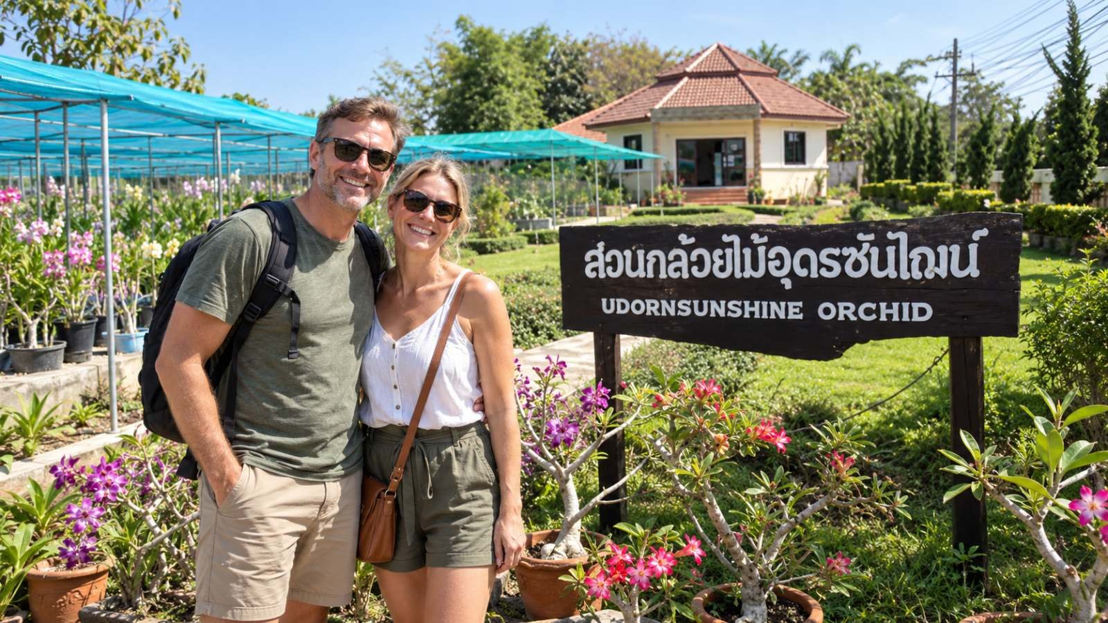 Visitors exploring Udon Sunshine Orchid Farm greenhouse rows near Udon Thani