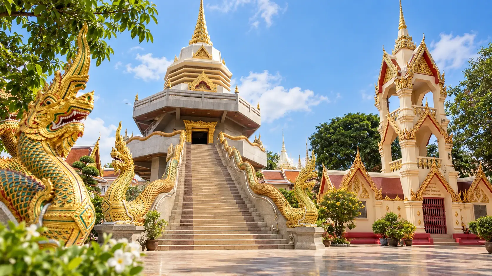 Wat Phothisomphon temple complex in Udon Thani with central chedi, Naga staircase and bell tower