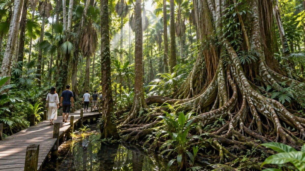 Boardwalk through the sacred Chanot palm forest at Kham Chanot