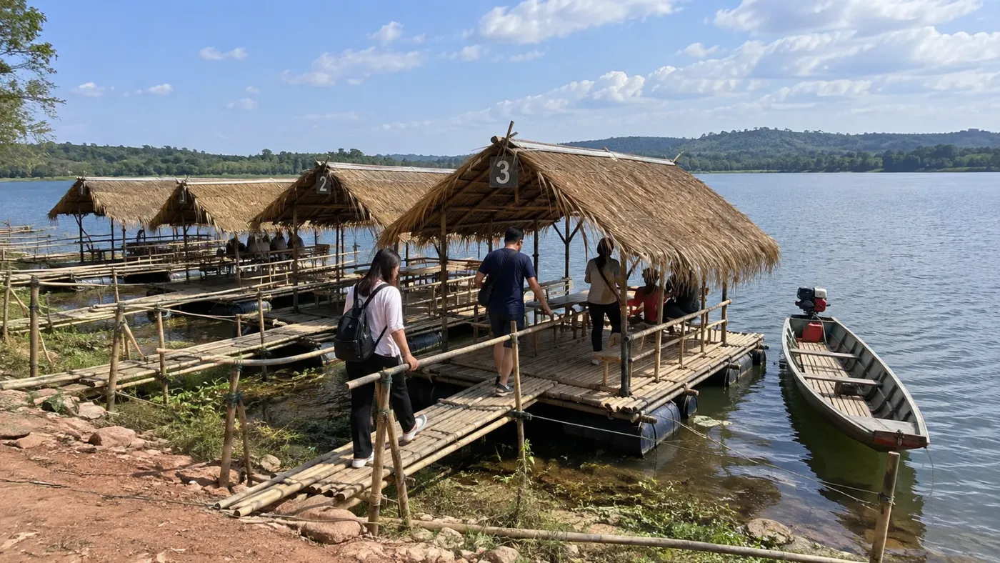 Visitors boarding a bamboo raft at Nam Pan Lake, Sang Khom