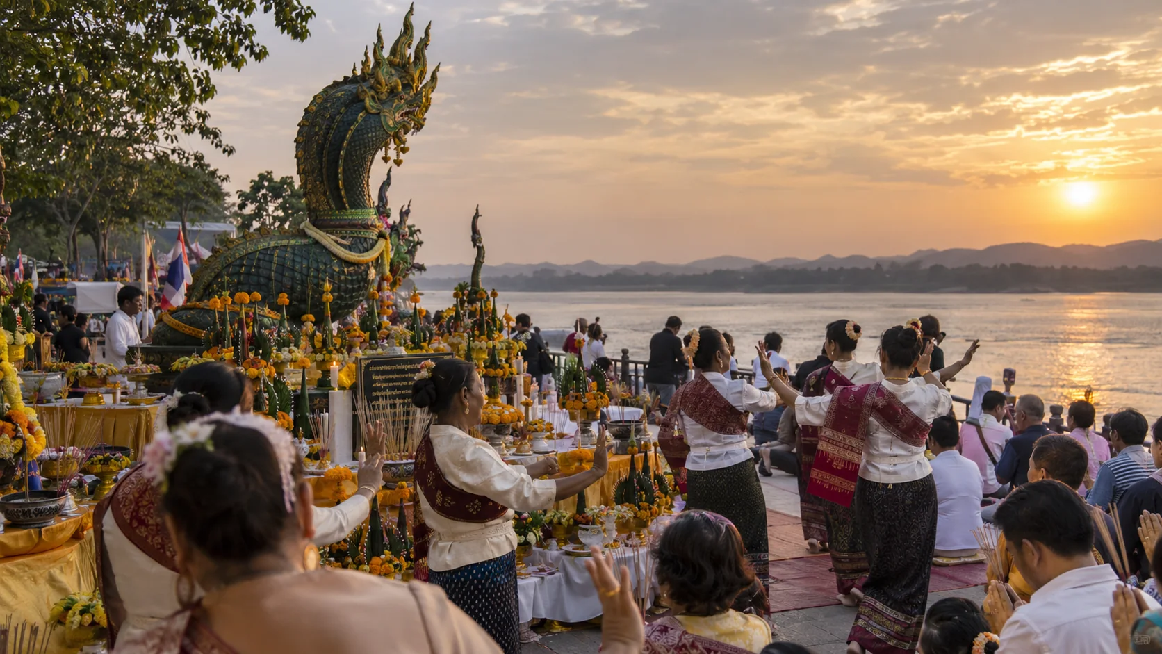 Naga worship ceremony at sunset, Phon Phisai