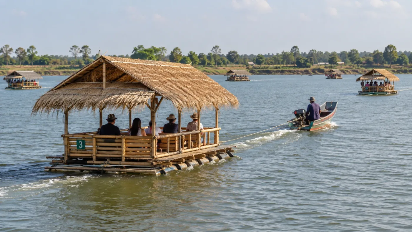 A bamboo raft being towed across Nam Pan Lake, Udon Thani