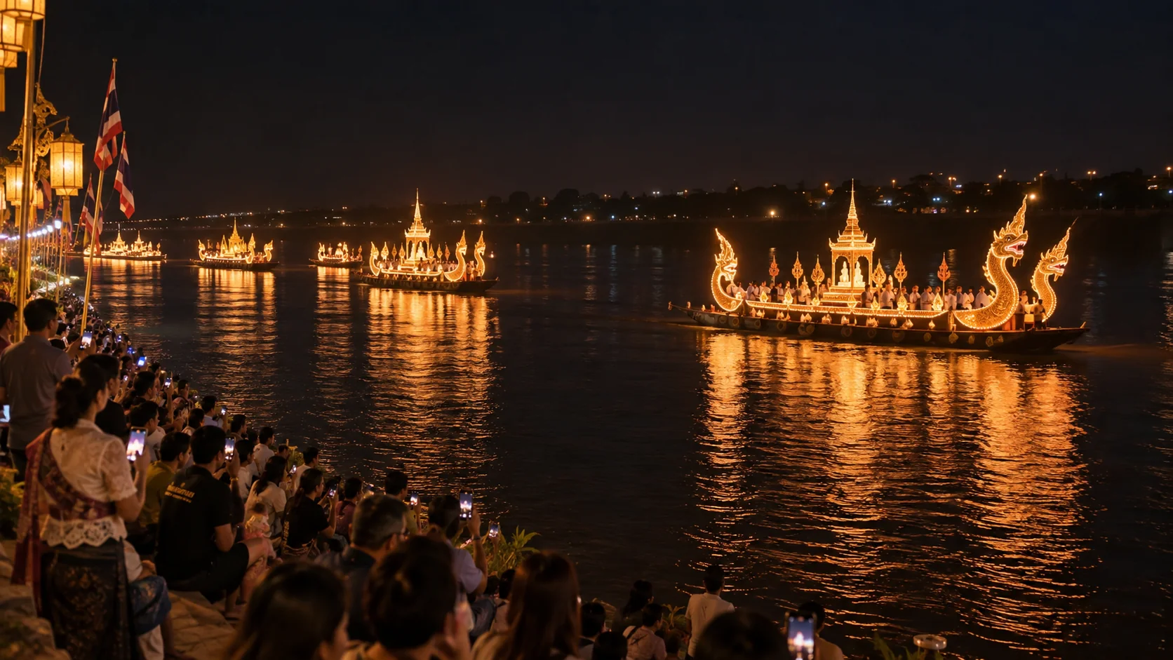 Illuminated fireboat procession on the Mekong
