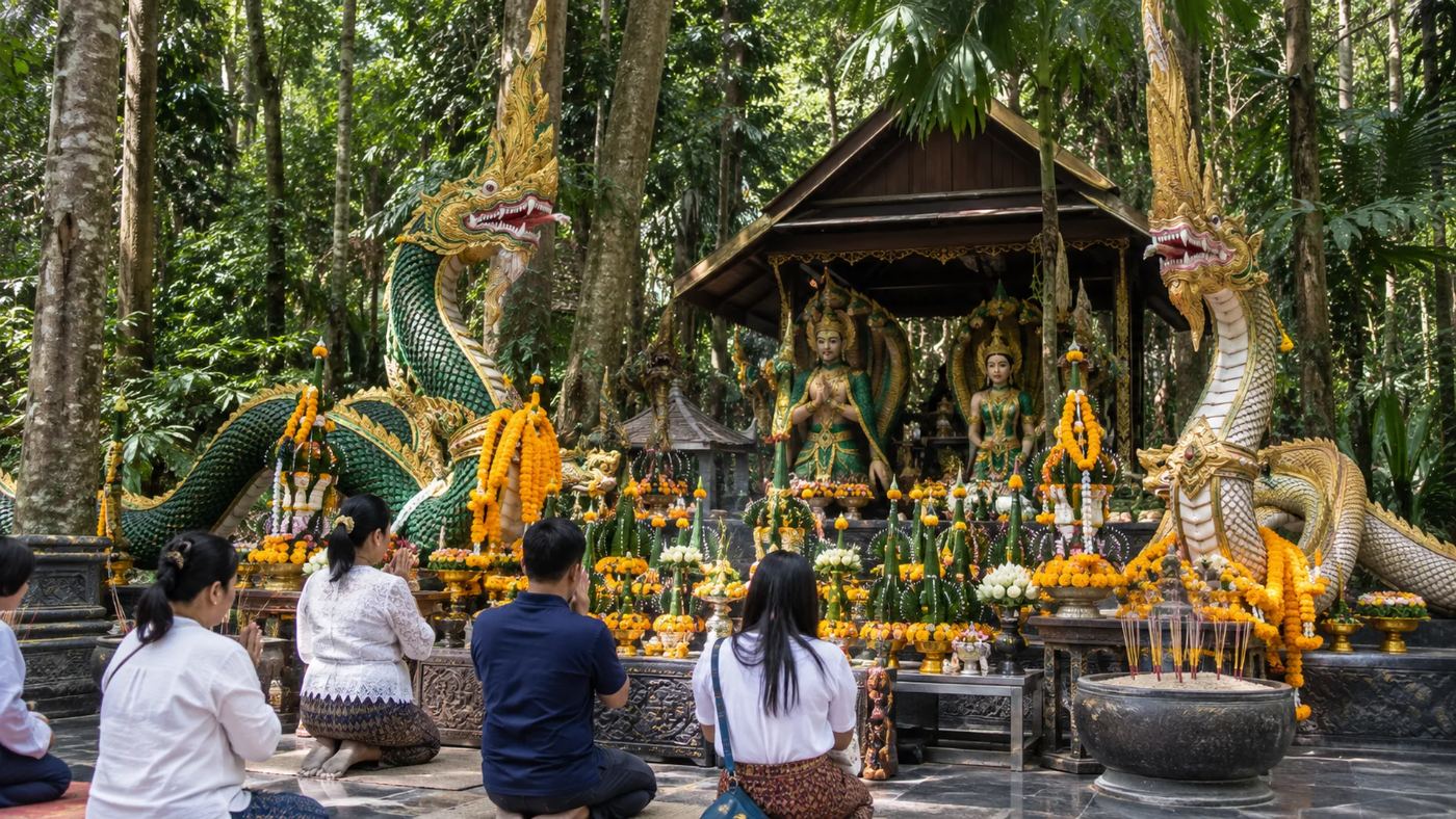 Shrine to Pu Si Suttho and the Naga at Kham Chanot with worshippers praying