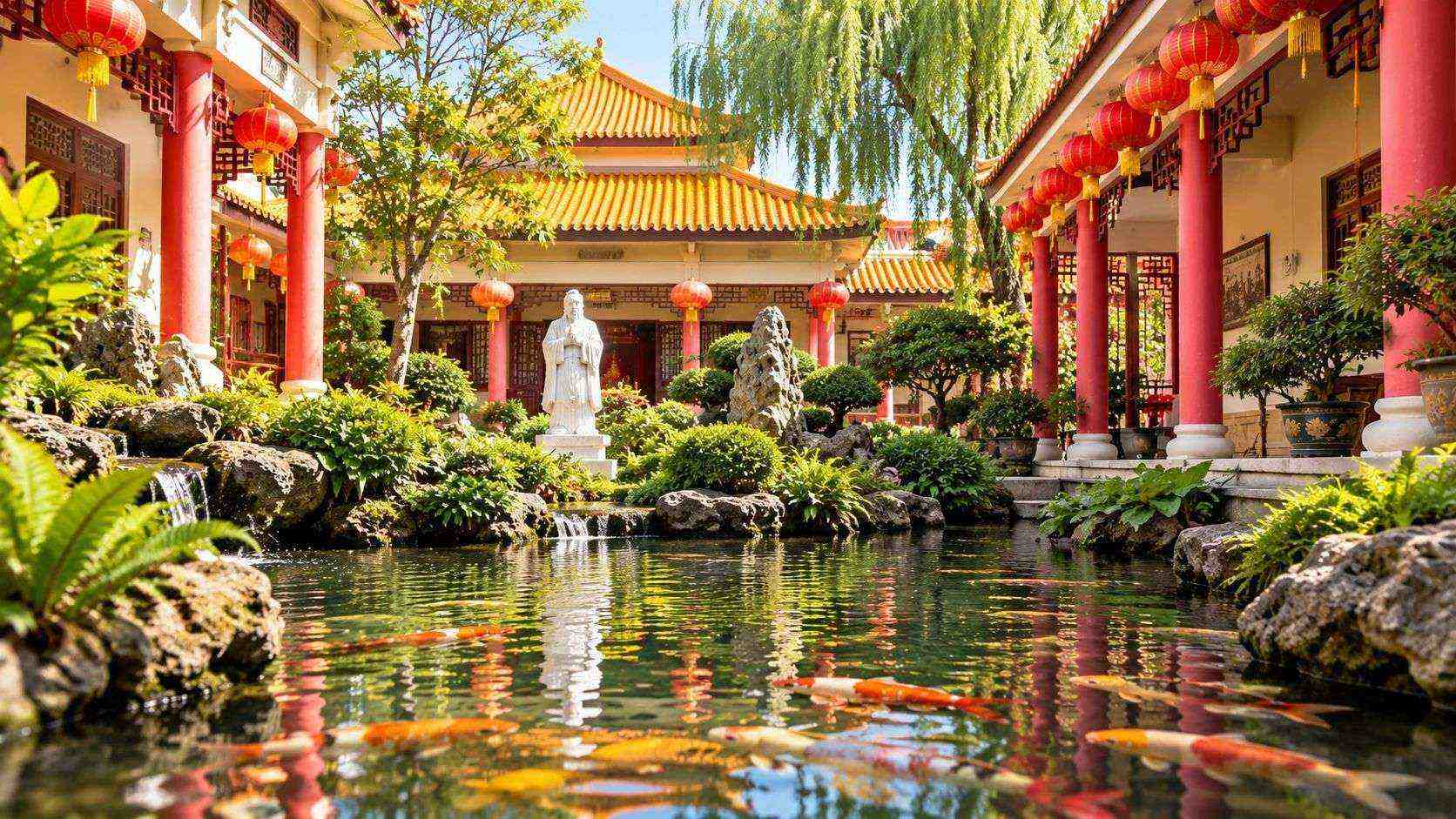 Koi pond and Chinese pavilion in the 24 Gratitude Garden at the Thai-Chinese Cultural Centre