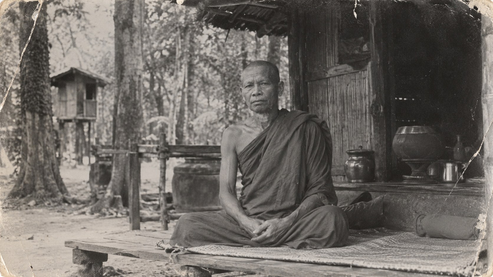 Historical-style black-and-white image of a Thai forest monk beside a simple wooden dwelling.