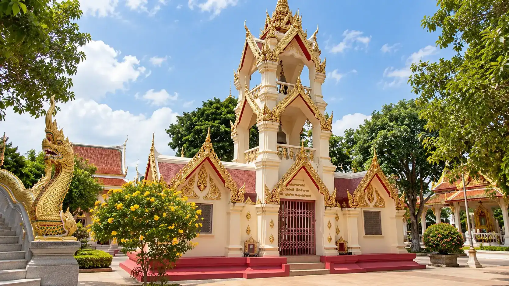 Ornate bell tower at Wat Phothisomphon Buddhist temple in Udon Thani, Thailand