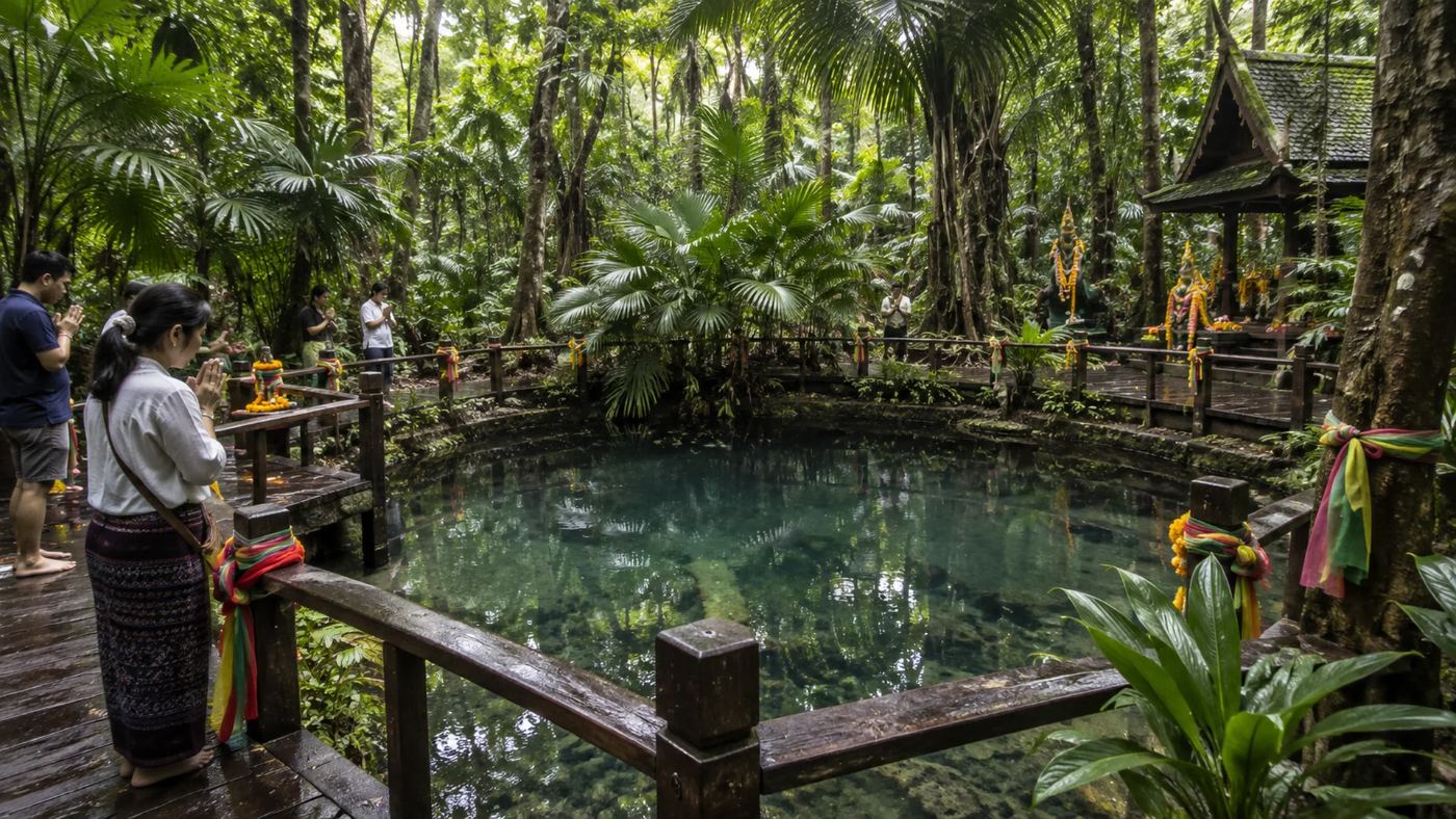 The sacred well at Kham Chanot surrounded by forest