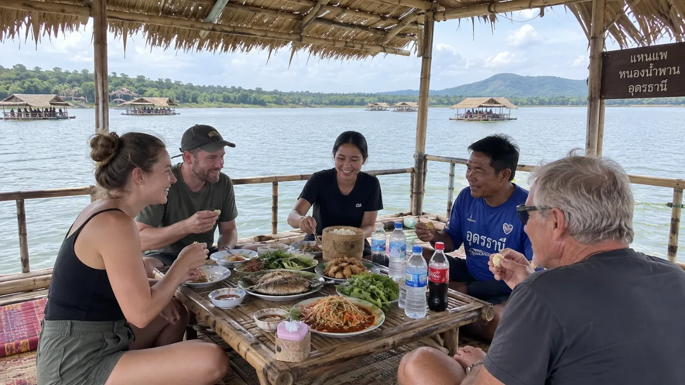 Guests eating local Thai food on a Nam Pan Lake raft