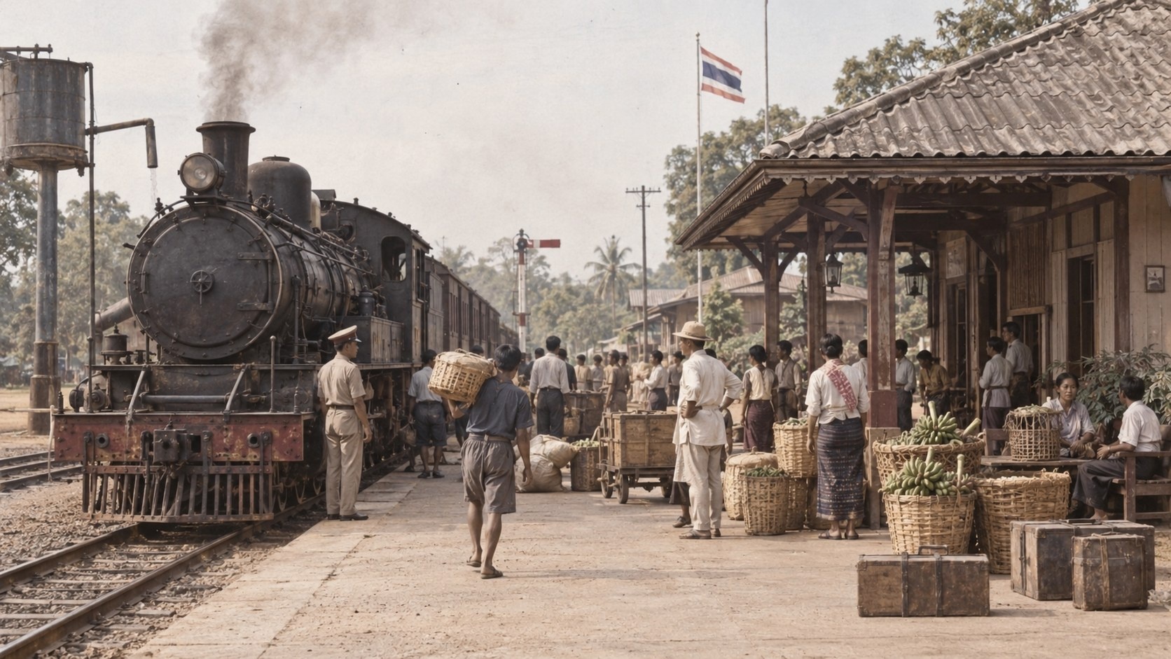 Udon Thani railway station in 1941, steam locomotive and traders