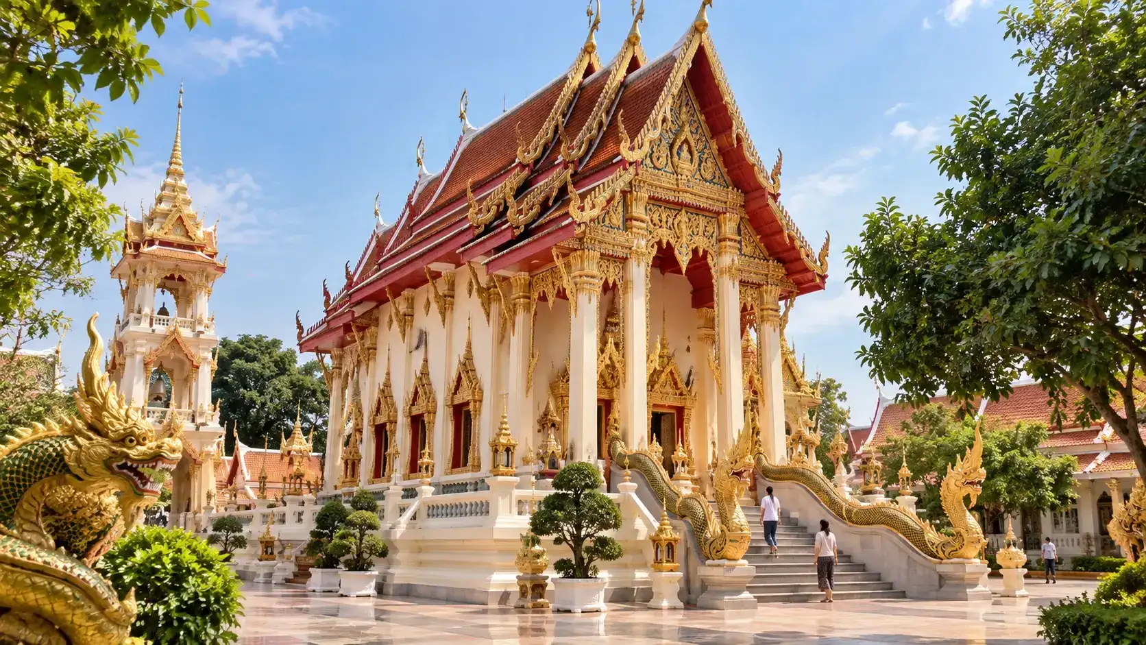 Traditional red-roofed temple hall at Wat Phothisomphon in Udon Thani