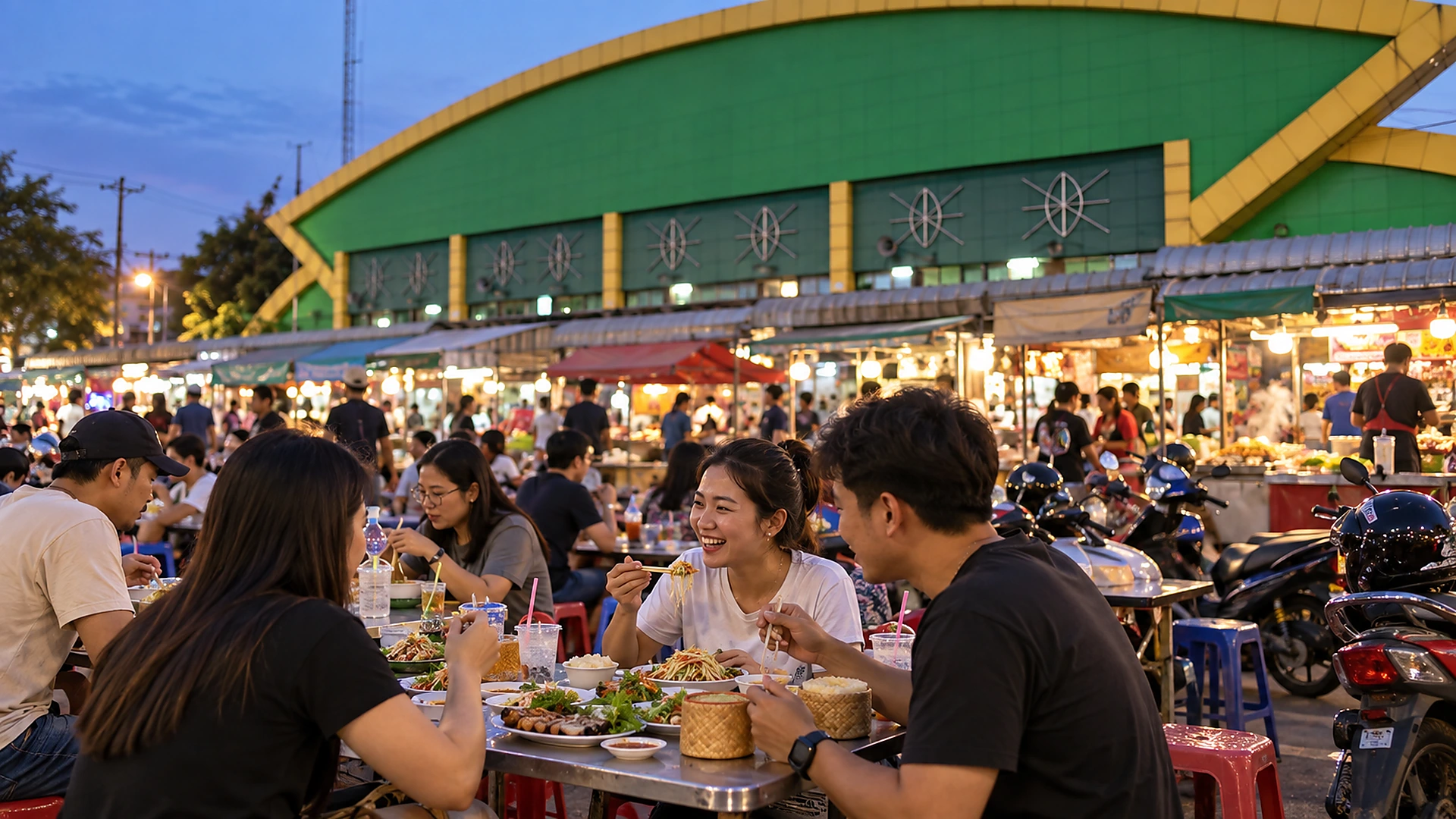 Local Thai families dining together at Udon Thani Night Market