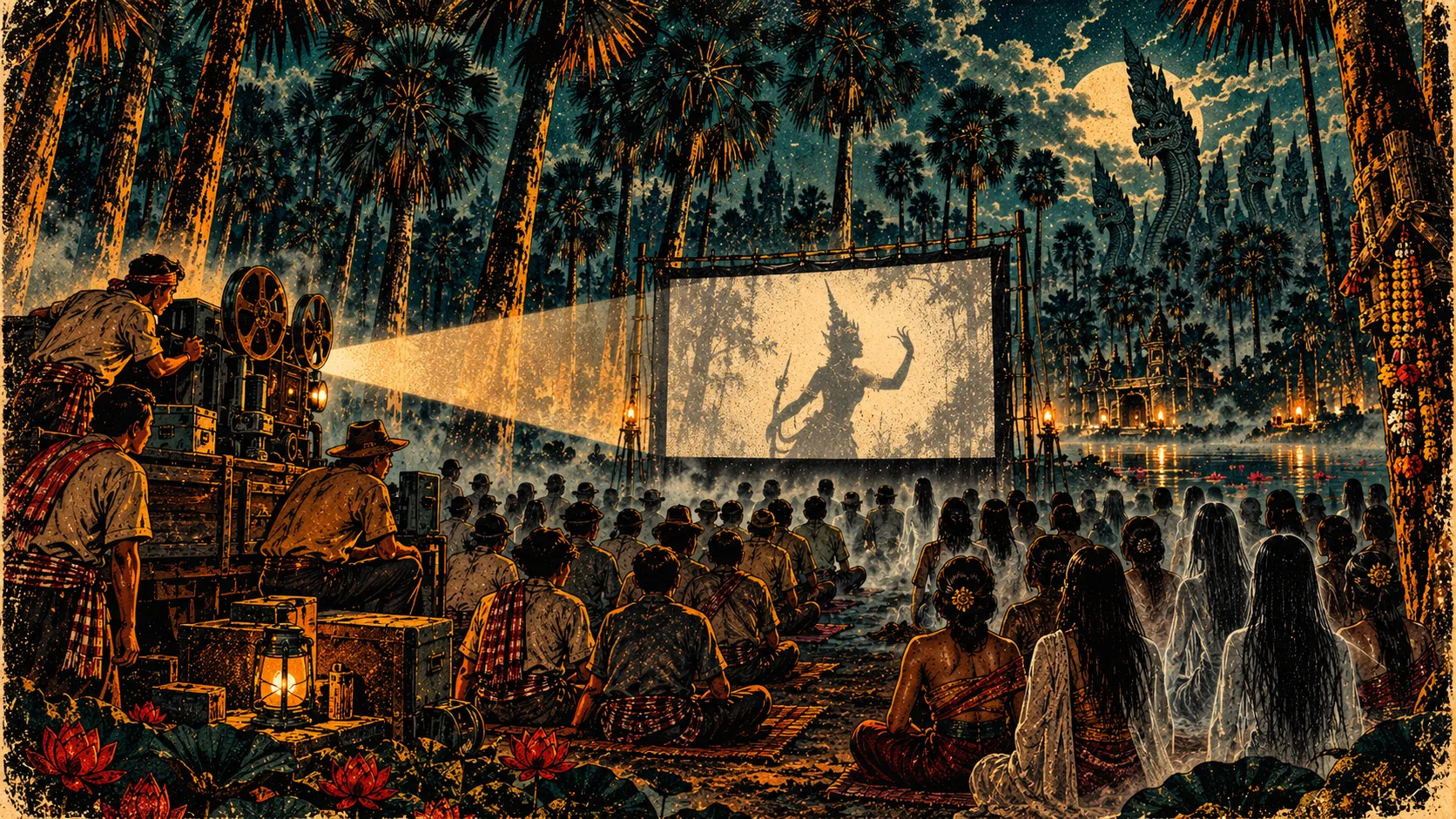 A silent audience of villagers and ghostly figures watching the outdoor screening at night