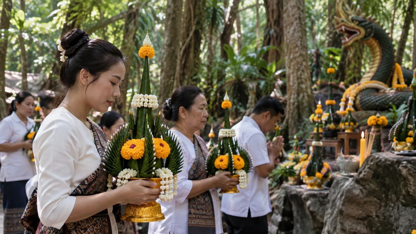 Thai worshippers with bai sri offerings at Kham Chanot