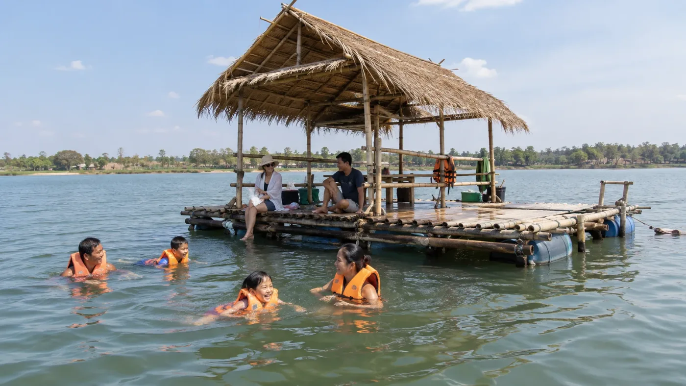 A family swimming beside a bamboo raft on Nam Pan Lake
