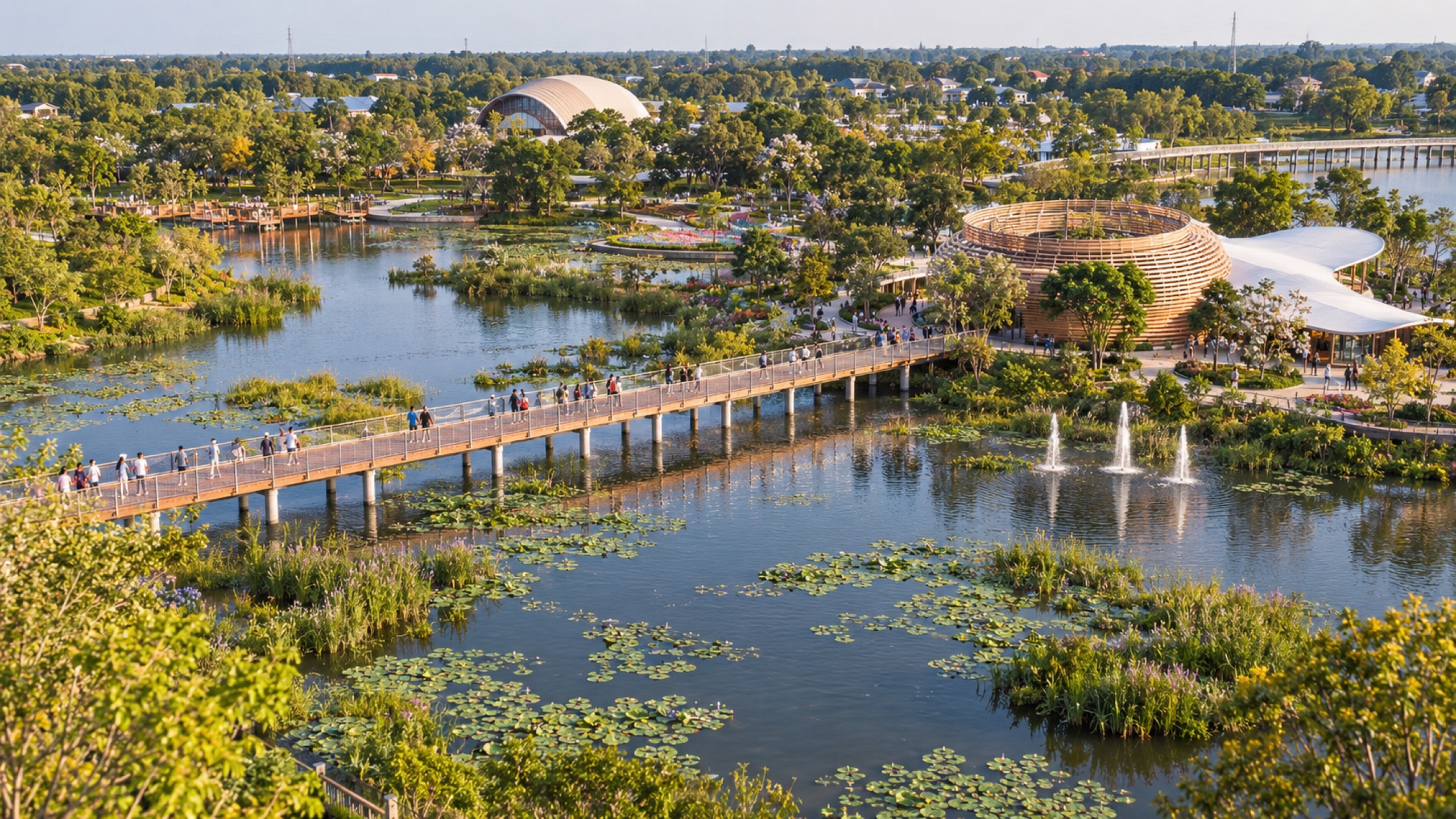 Visitors crossing a bridge through wetland gardens and water features at Udon Thani Expo 2026