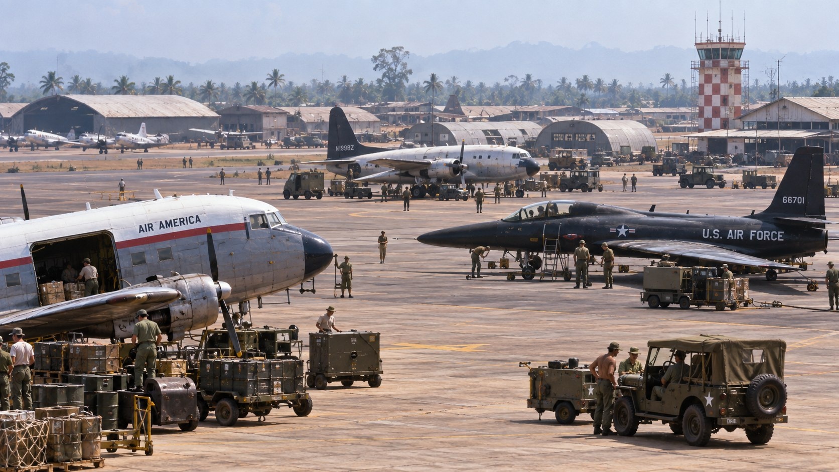 Air America and USAF aircraft on the apron at Udorn Royal Thai Air Force Base