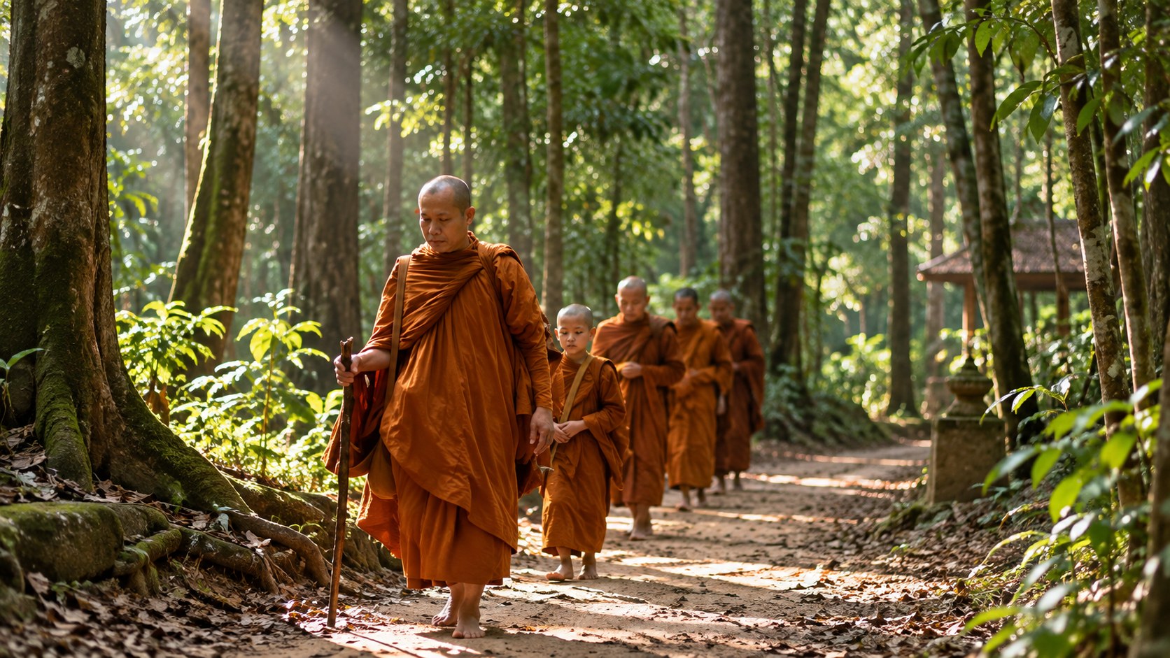 Buddhist monks walking through a shaded forest path at Wat Pa Ban Tat in Udon Thani.