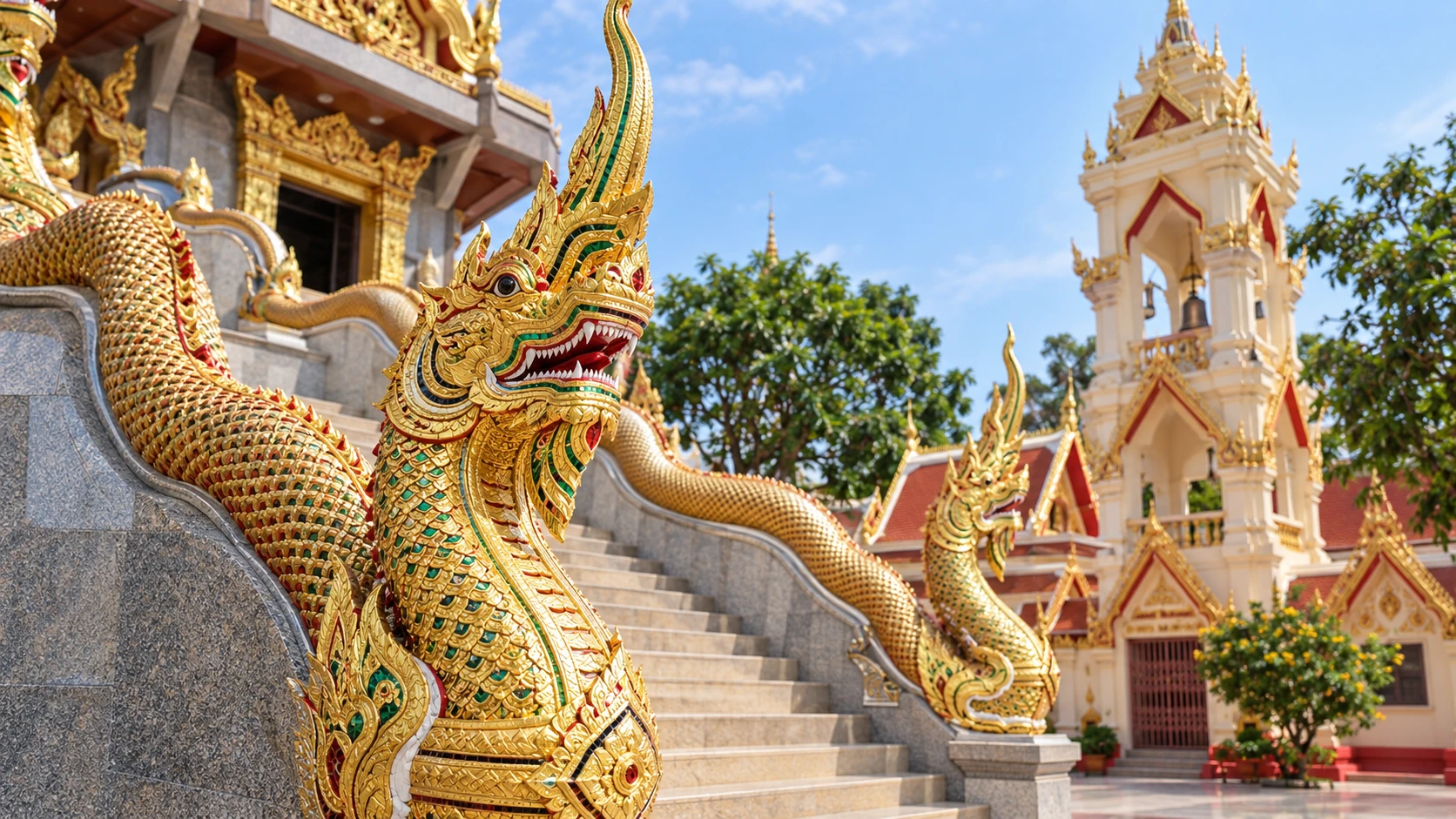 Close-up of an ornate golden Naga guardian at Wat Phothisomphon in Udon Thani