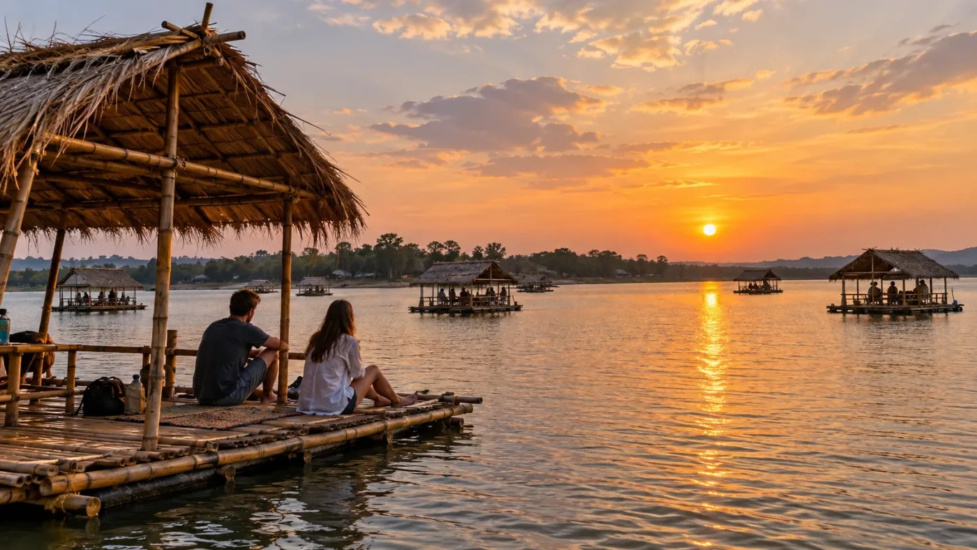 Sunset over the bamboo rafts of Nam Pan Lake, Sang Khom, Udon Thani