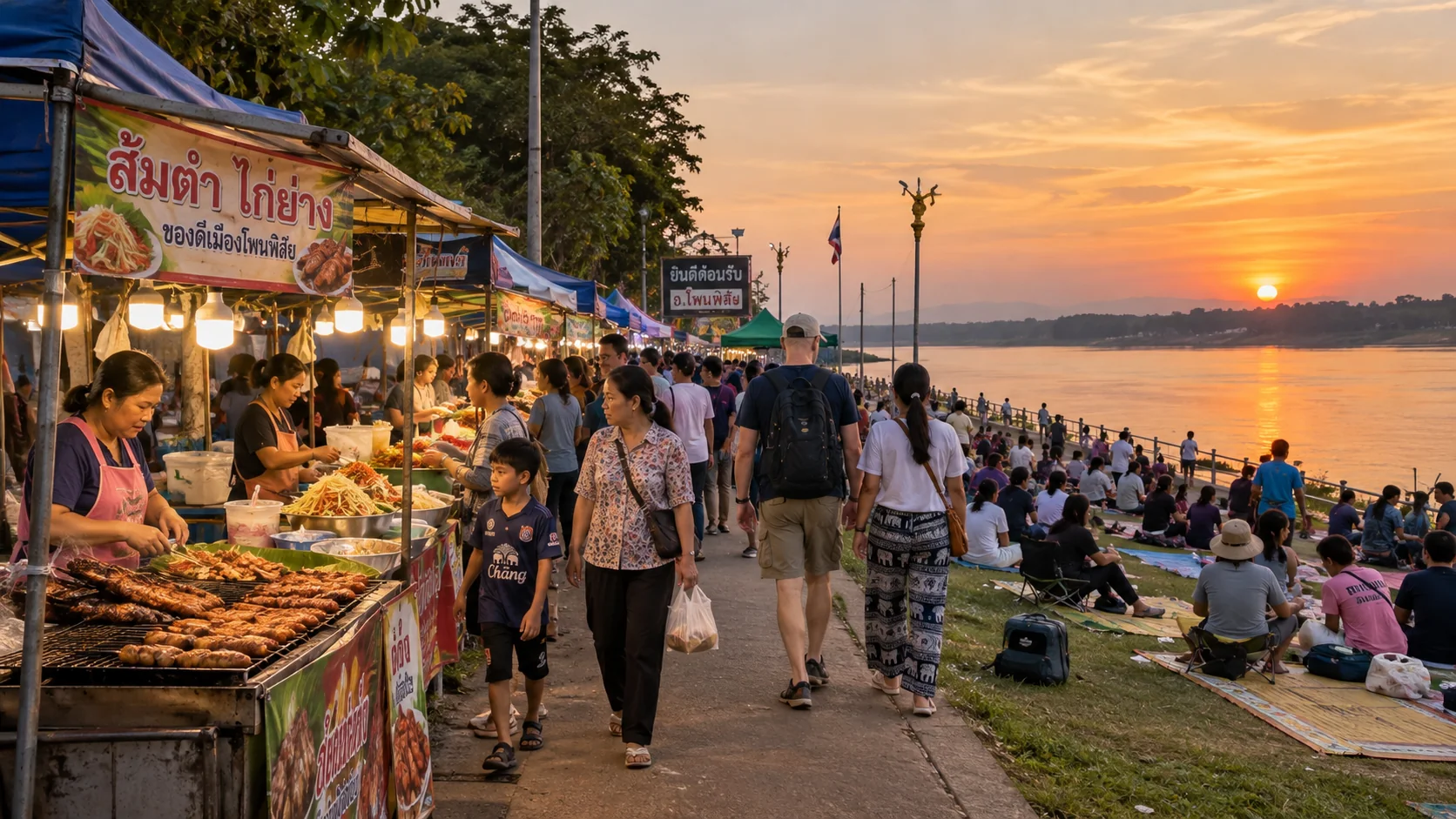 Riverside food market at sunset, Phon Phisai