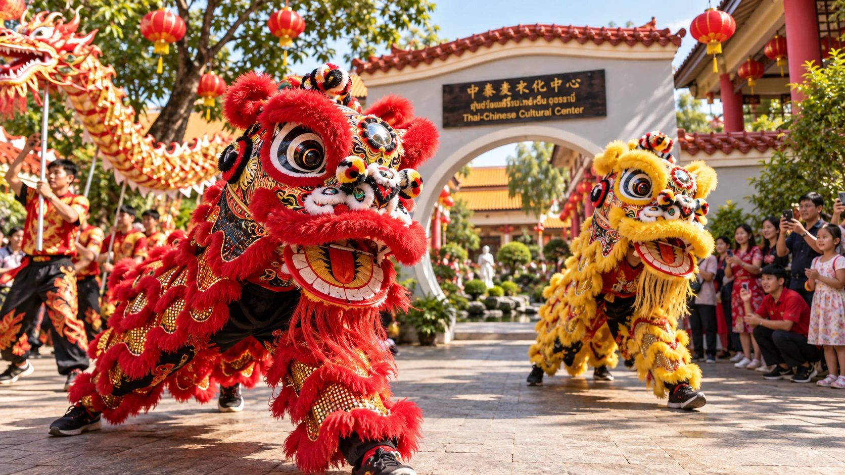 Chinese lion dance performance at the Thai-Chinese Cultural Centre, Udon Thani