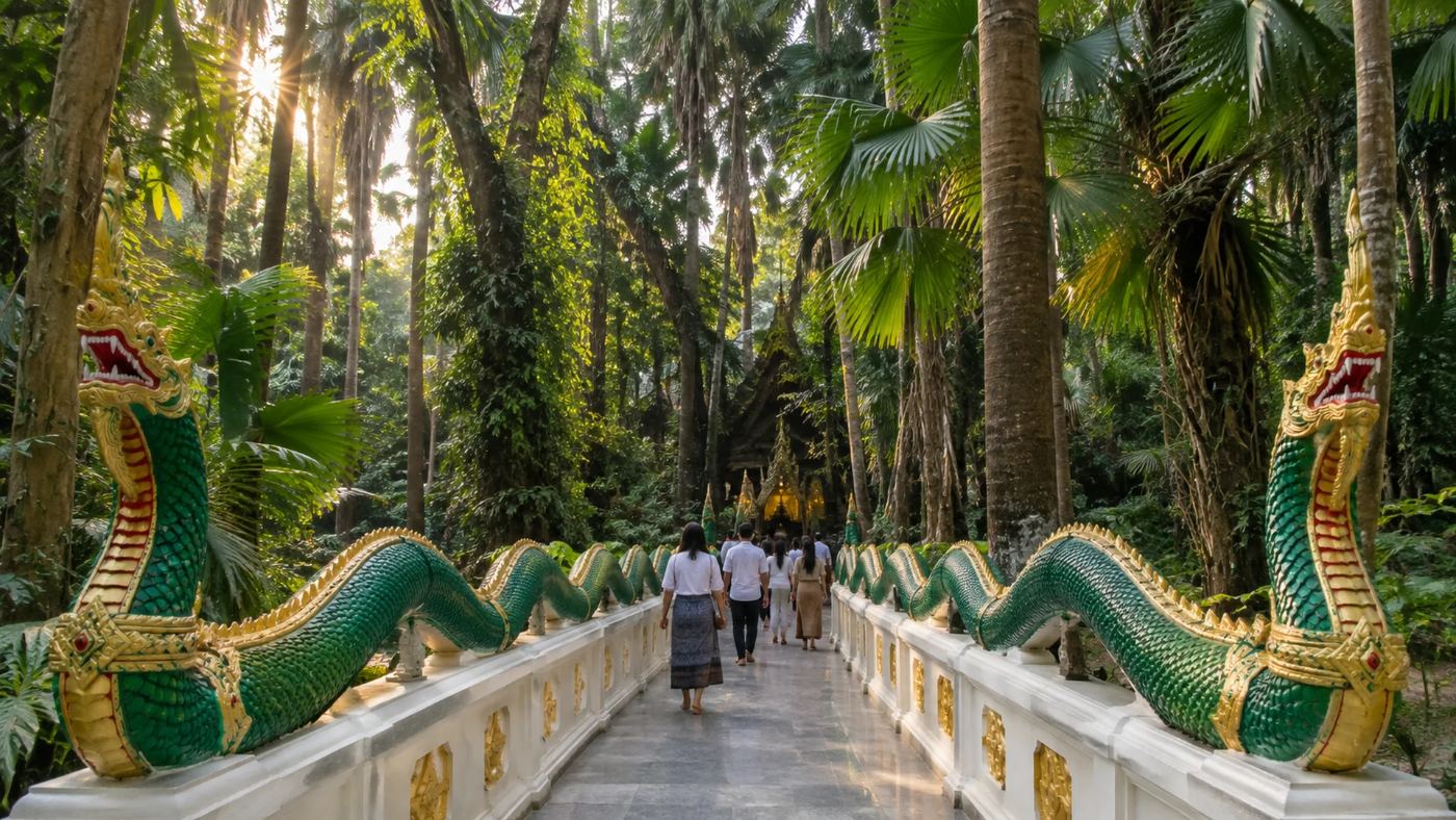 Naga-lined walkway leading into the dense forest at Wat Kham Chanot