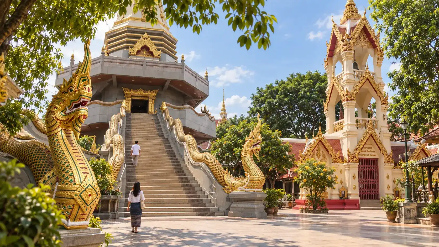 Wat Phothisomphon courtyard in Udon Thani with the chedi, Naga staircase and bell tower
