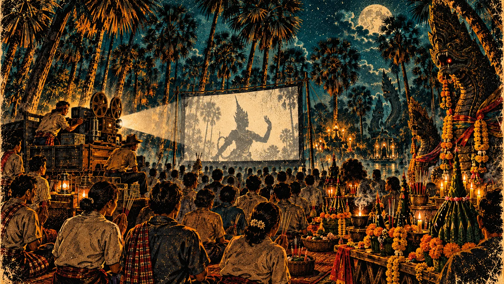 Worshippers offering an outdoor film screening to the spirits at Kam Chanot