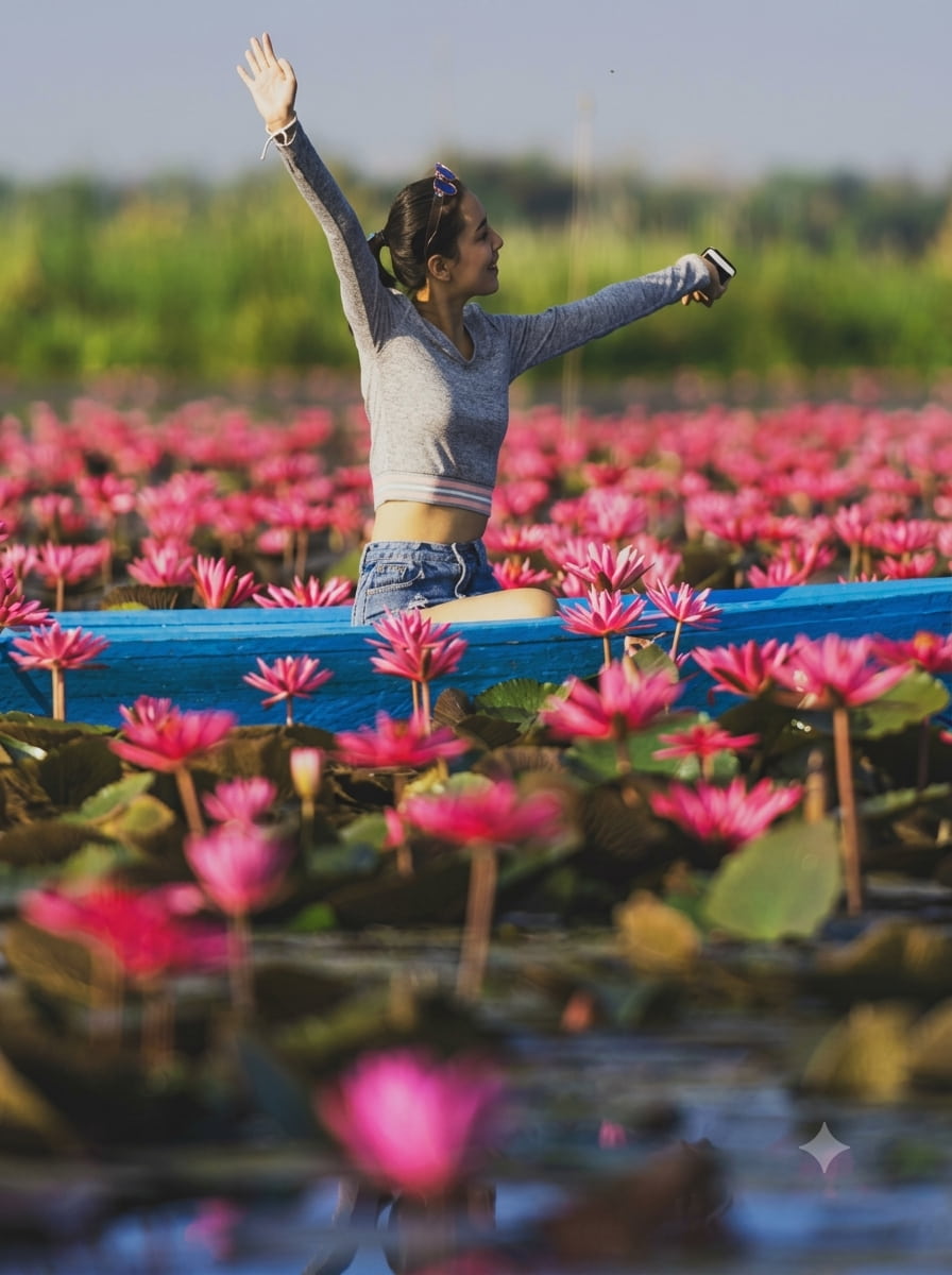 Young woman raising her arms in celebration on a blue canoe amid red lotus flowers