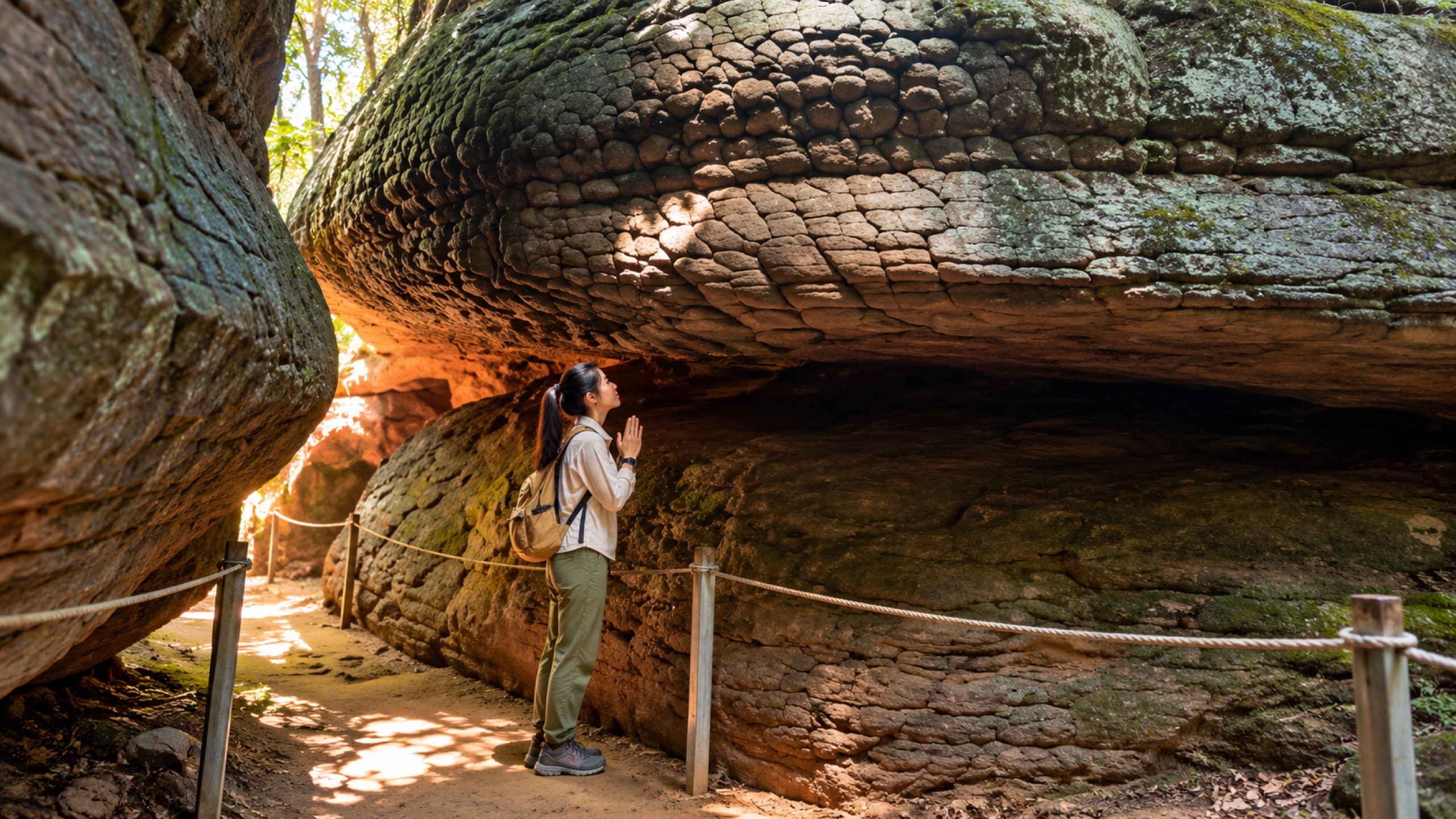 Visitor pausing beneath the huge naturally cracked sandstone at Naka Cave, its surface resembling serpent scales