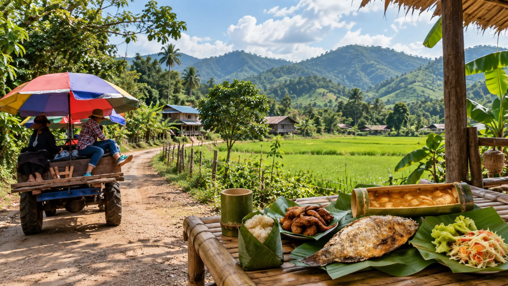 Tractor ride through rice fields with mountain-view lunch, Baan Khiri Wong Kot