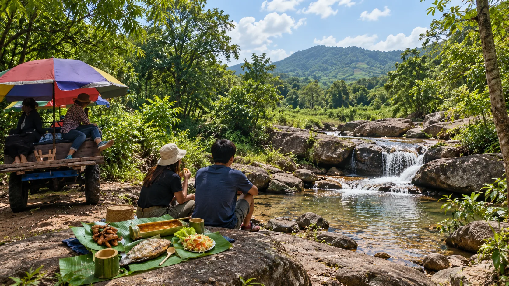 Waterfall picnic stop by the forest stream, Baan Khiri Wong Kot