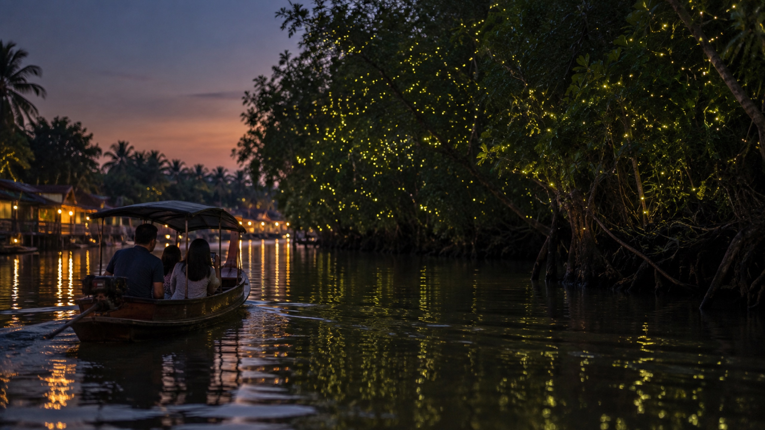 หิ่งห้อยส่องแสงผ่านจุดชมวิวป่าบนภูเขาในยามพลบค่ำที่อุทยานแห่งชาติเขาค้อ