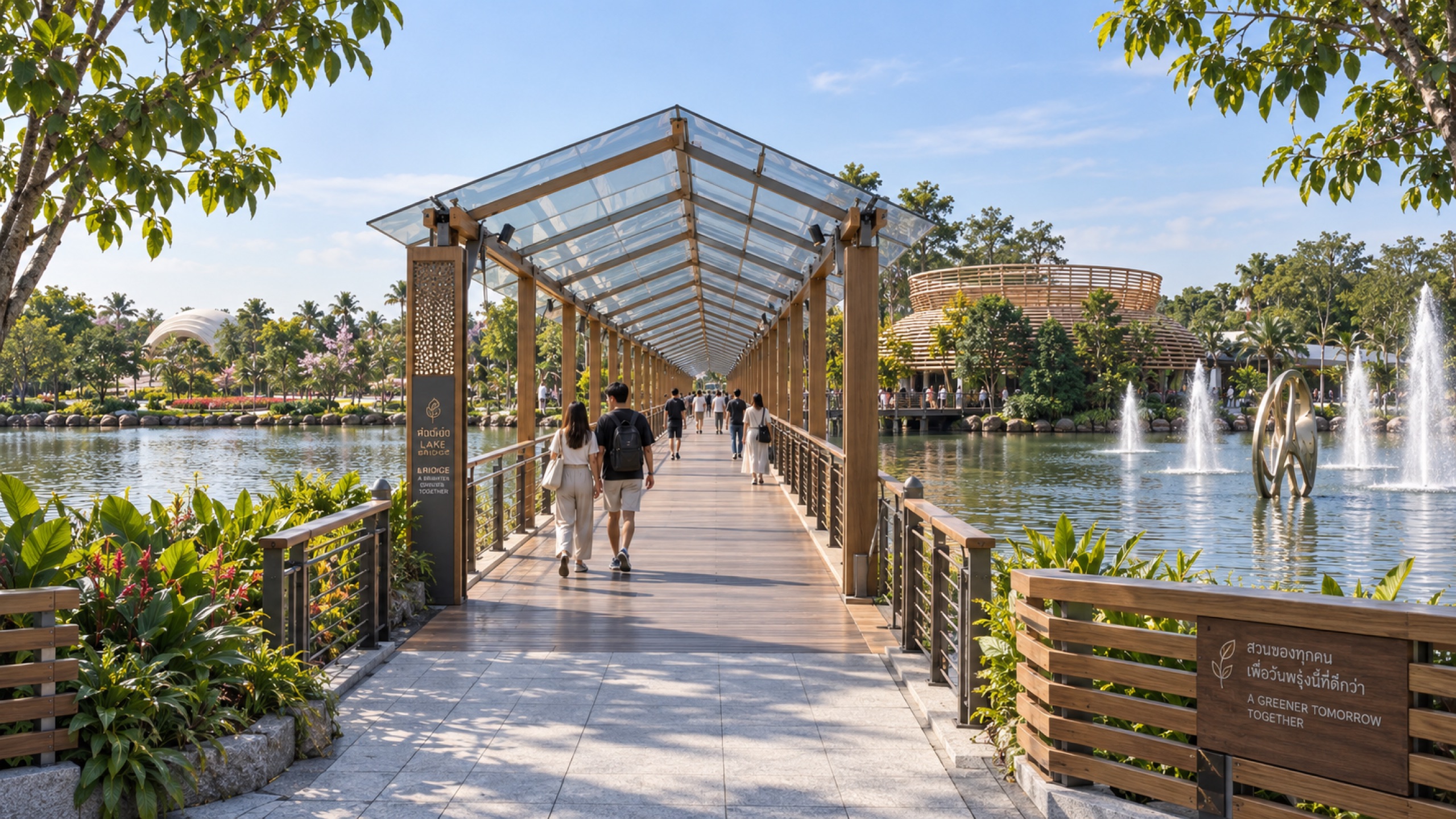 Visitors walking beneath the covered entrance walkway at Udon Thani Expo 2026