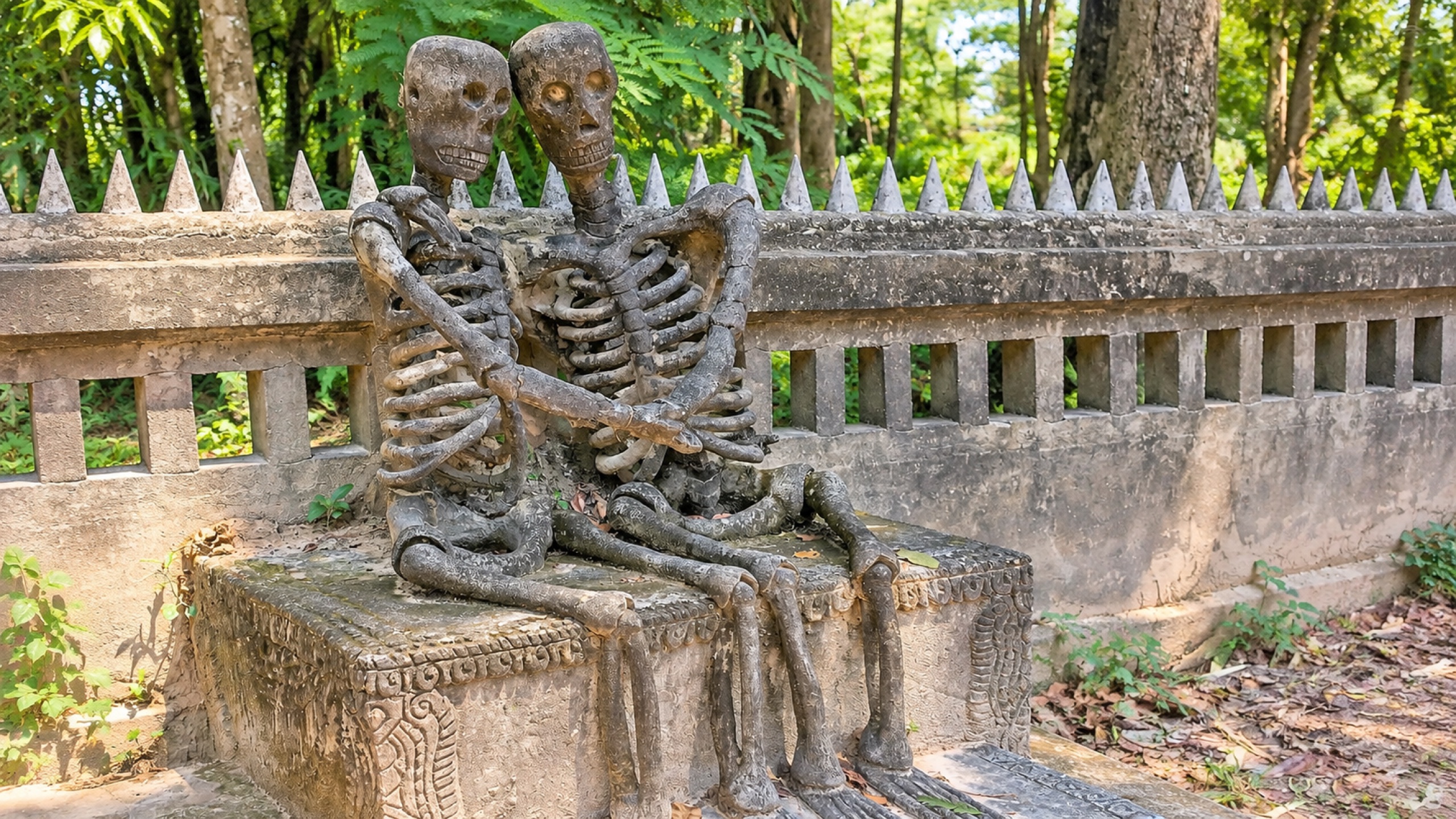 Two embracing skeleton sculptures representing death and mortality in Sala Keoku's Circle of Life.