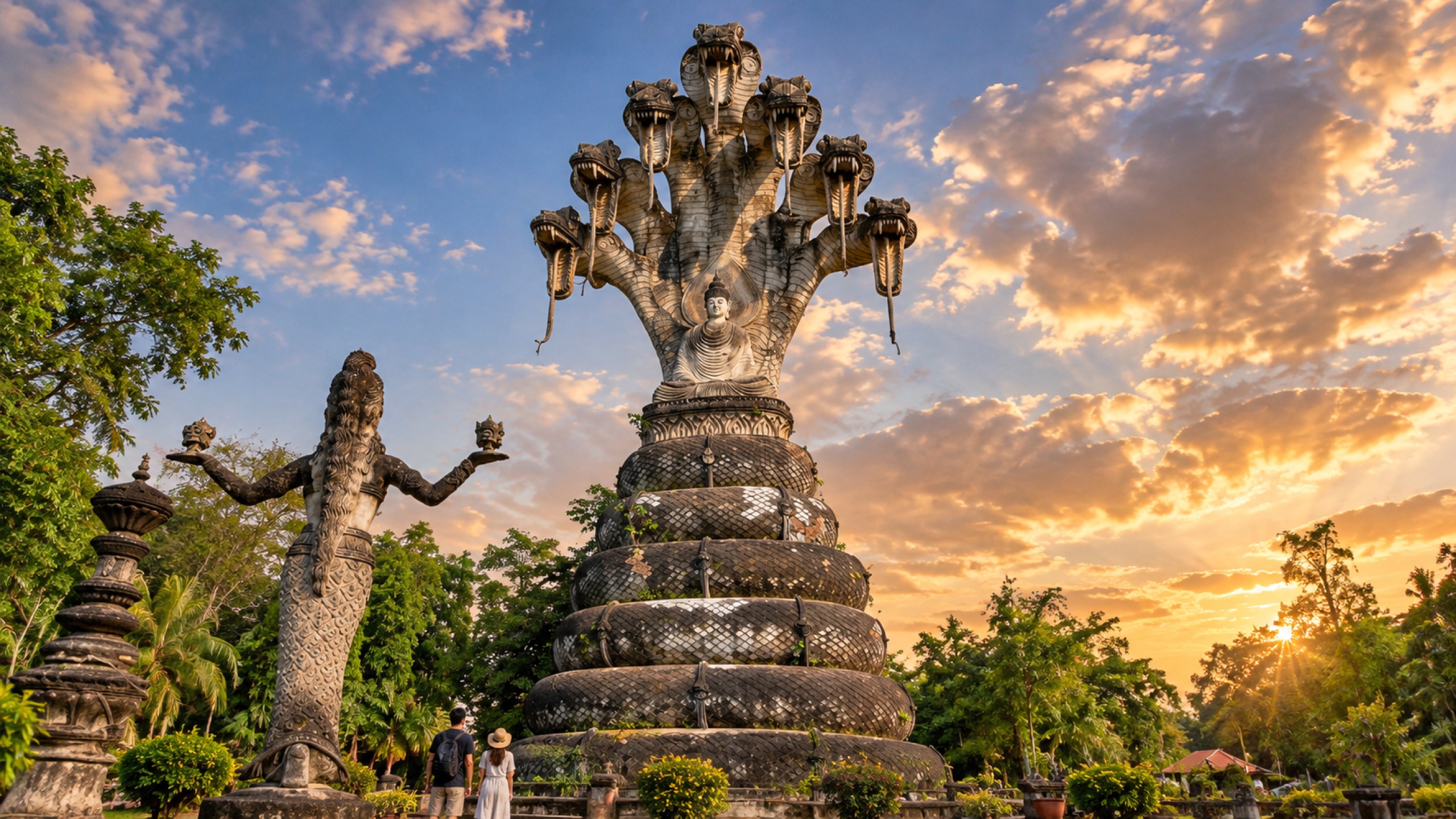 Monumental seven-headed Naga sheltering Buddha at Sala Keoku, showing the extraordinary scale of the Nong Khai sculpture park.