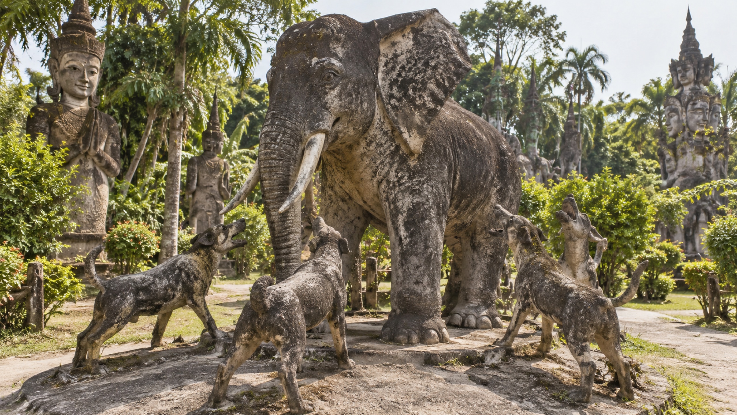 Sala Keoku's elephant surrounded by barking dogs, illustrating the idea of continuing your path despite criticism.