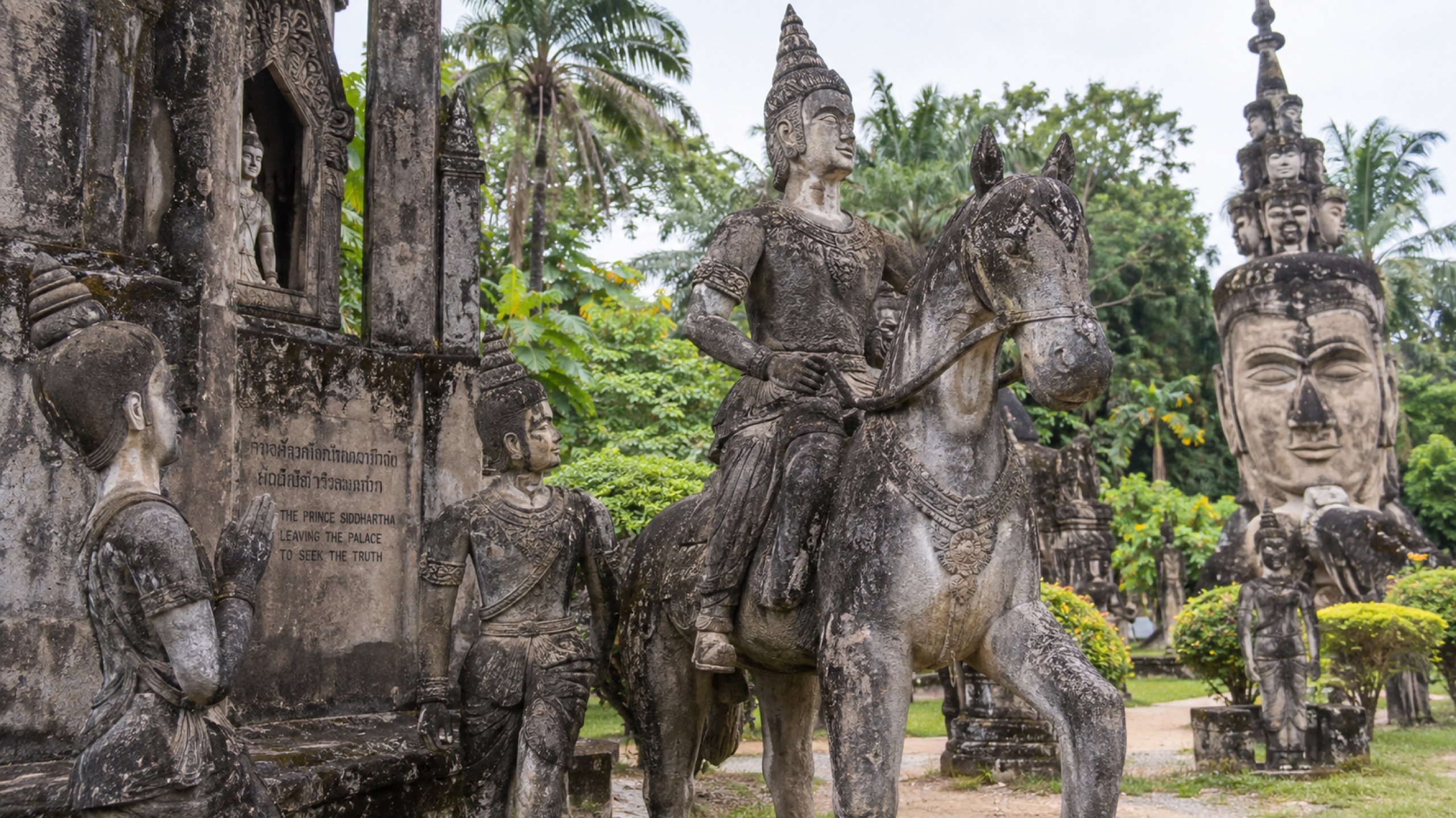 Sala Keoku sculpture depicting Prince Siddhartha leaving palace life to seek spiritual truth.