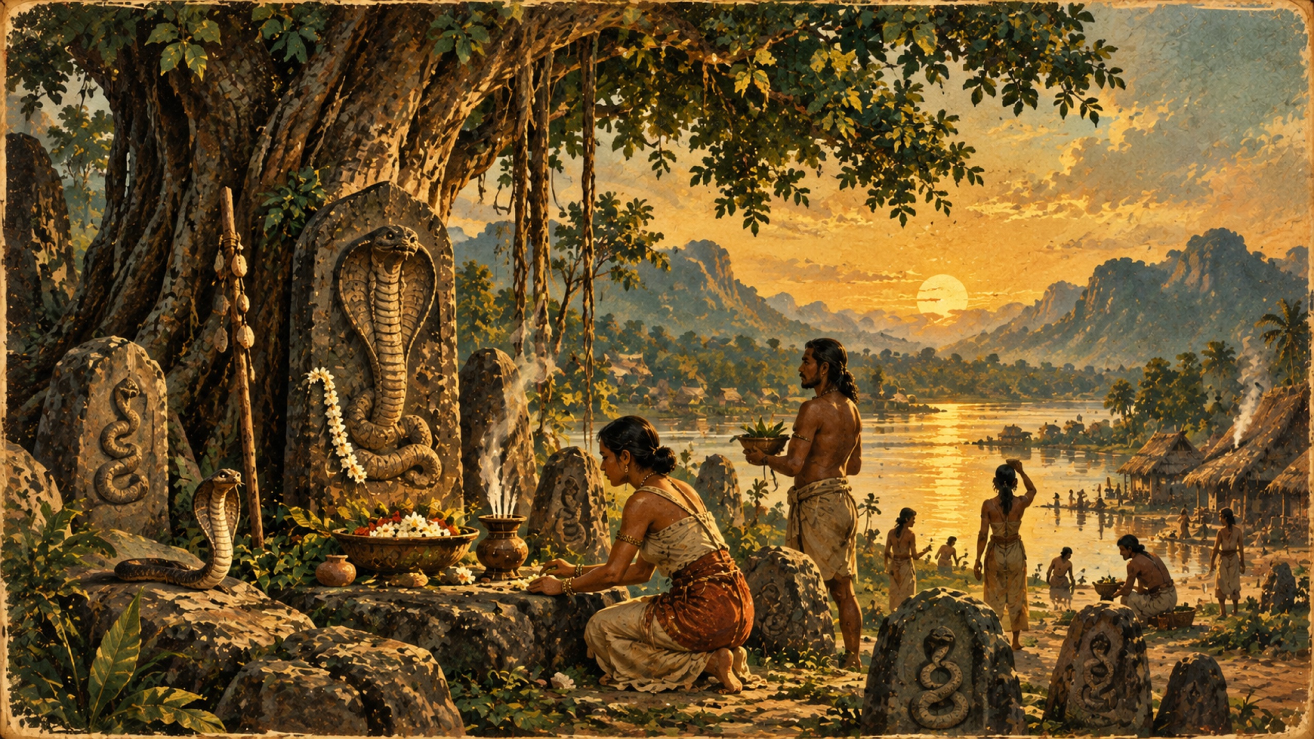 Ancient people making offerings to a sacred cobra shrine beside a river before the rise of Hinduism and Buddhism