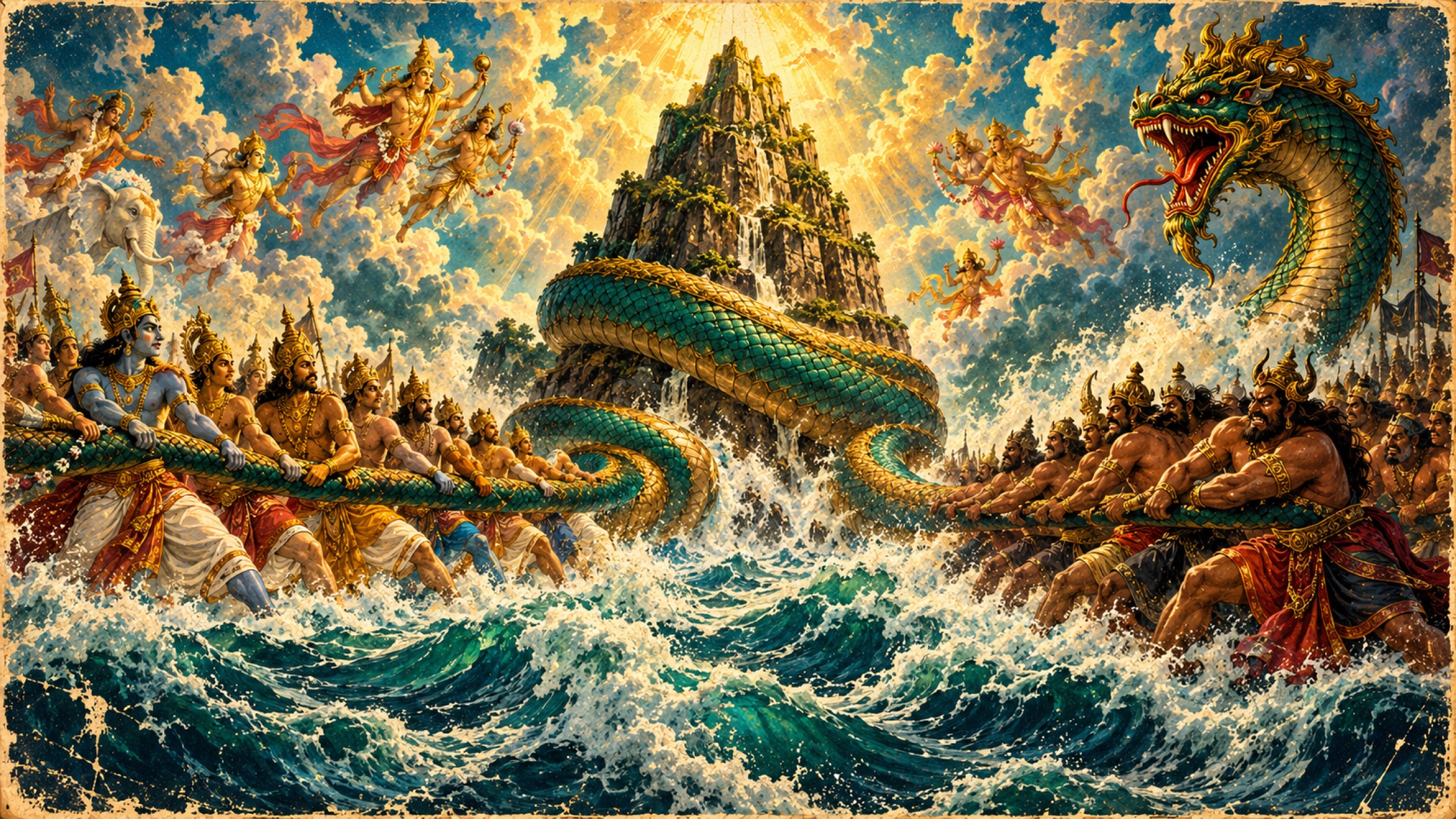 Hindu gods and asuras pulling the serpent Vasuki around Mount Mandara during the Churning of the Ocean of Milk