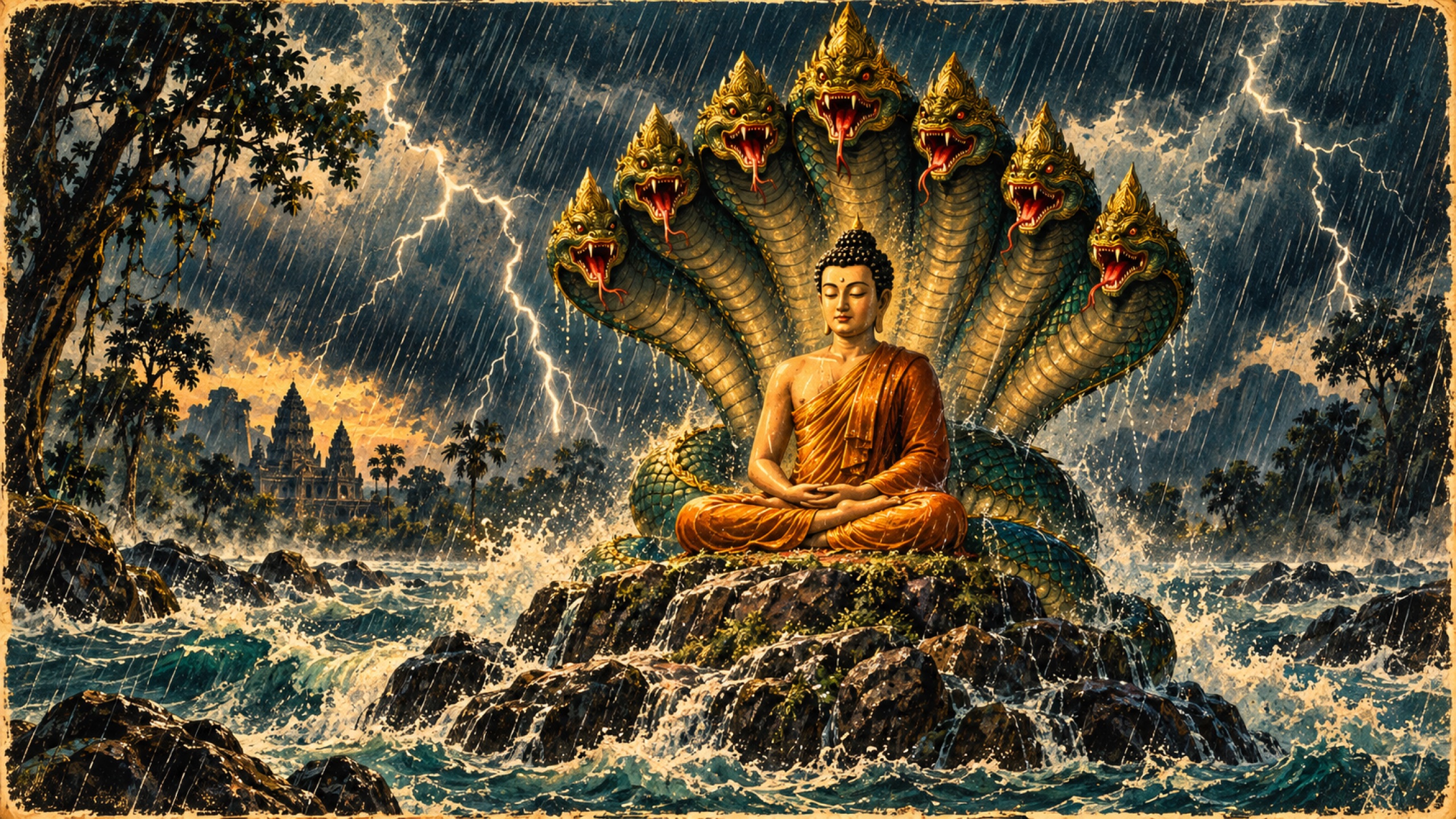 The Buddha meditating peacefully while the multi-headed Naga Mucalinda shelters him from a violent storm