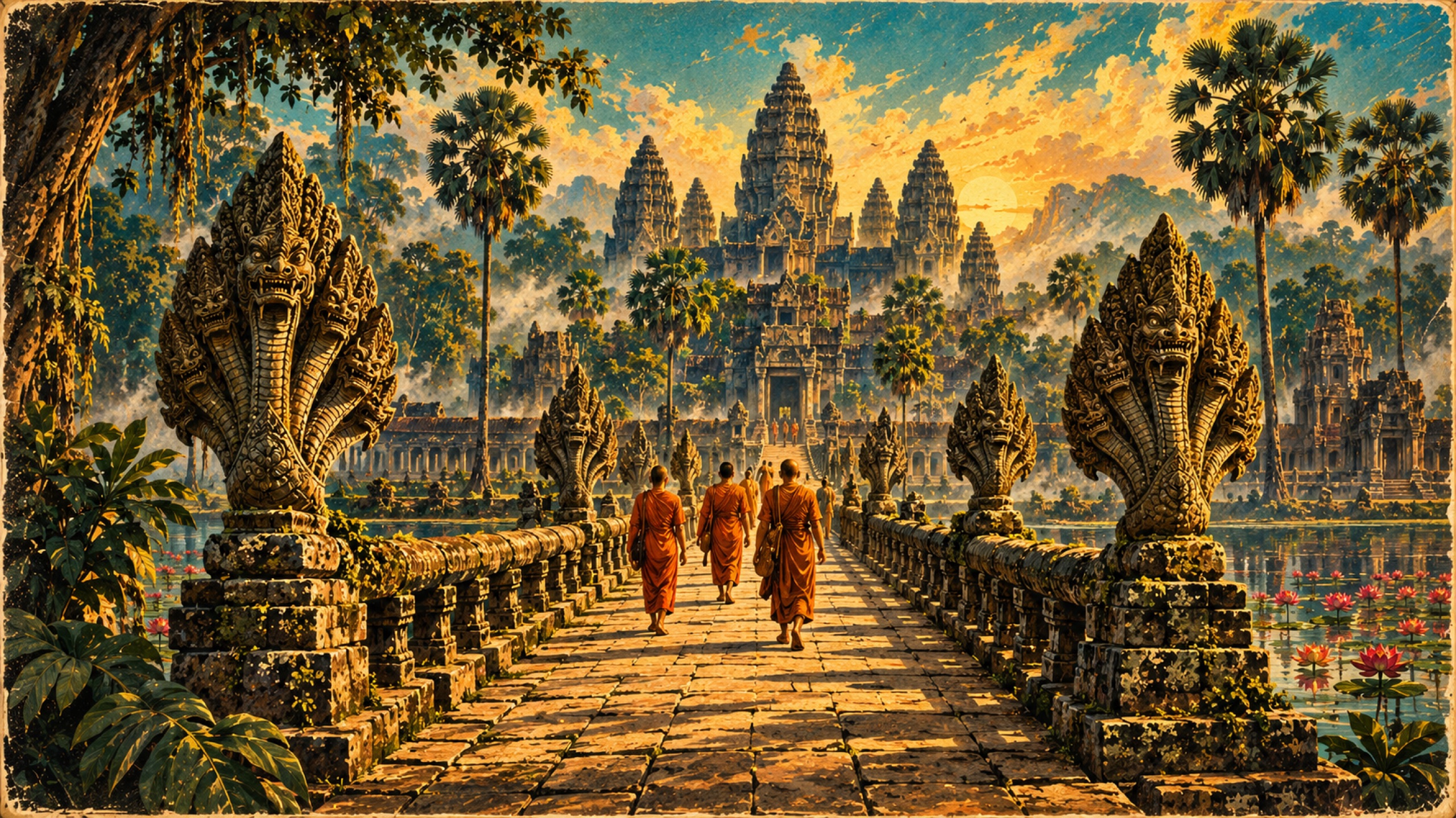 Ancient Khmer temple approach lined with stone Naga balustrades and monks walking toward the sanctuary