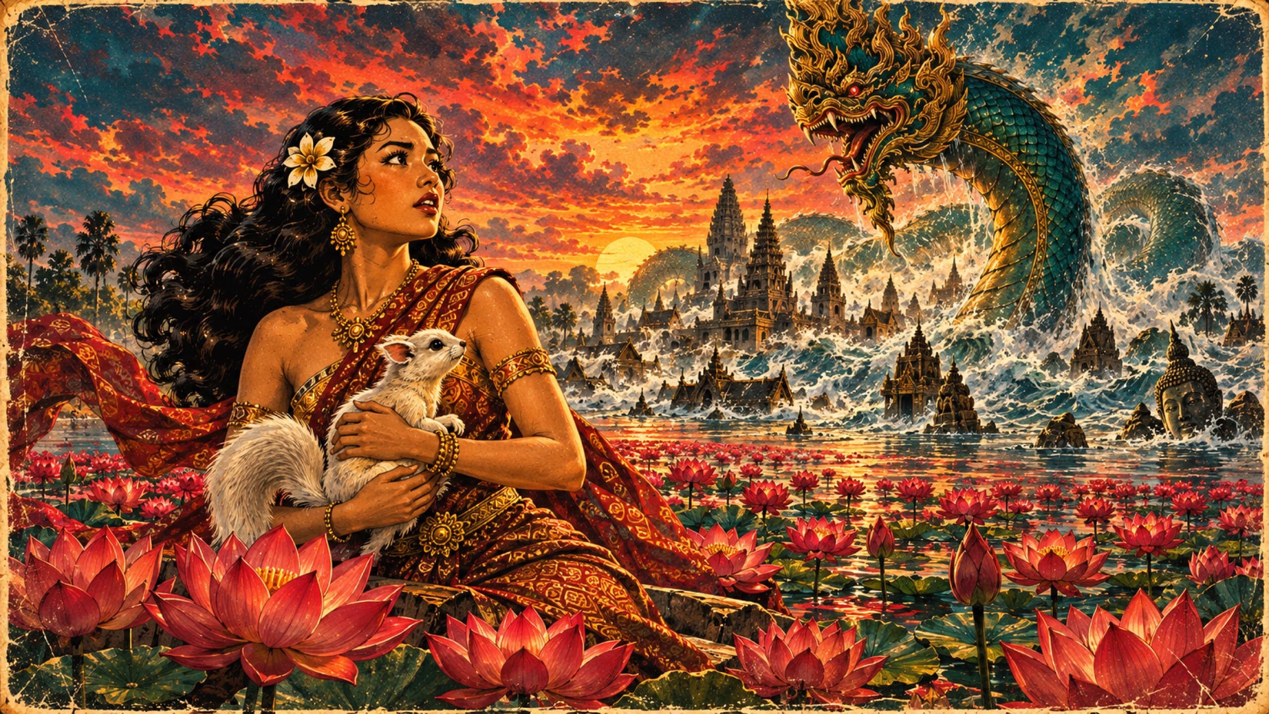 Princess Nang Ai holding the white squirrel Phangkhi as a Naga rises behind a flooded kingdom and red lotus flowers