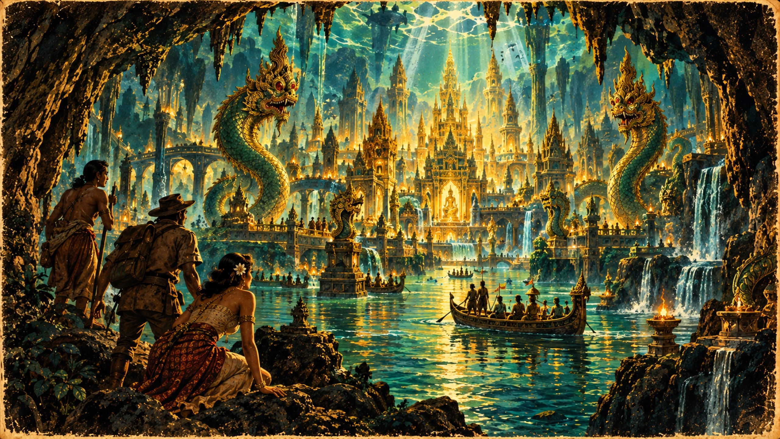 Mythical underground Naga kingdom with golden temples, water, bridges and giant serpent guardians viewed through a cavern