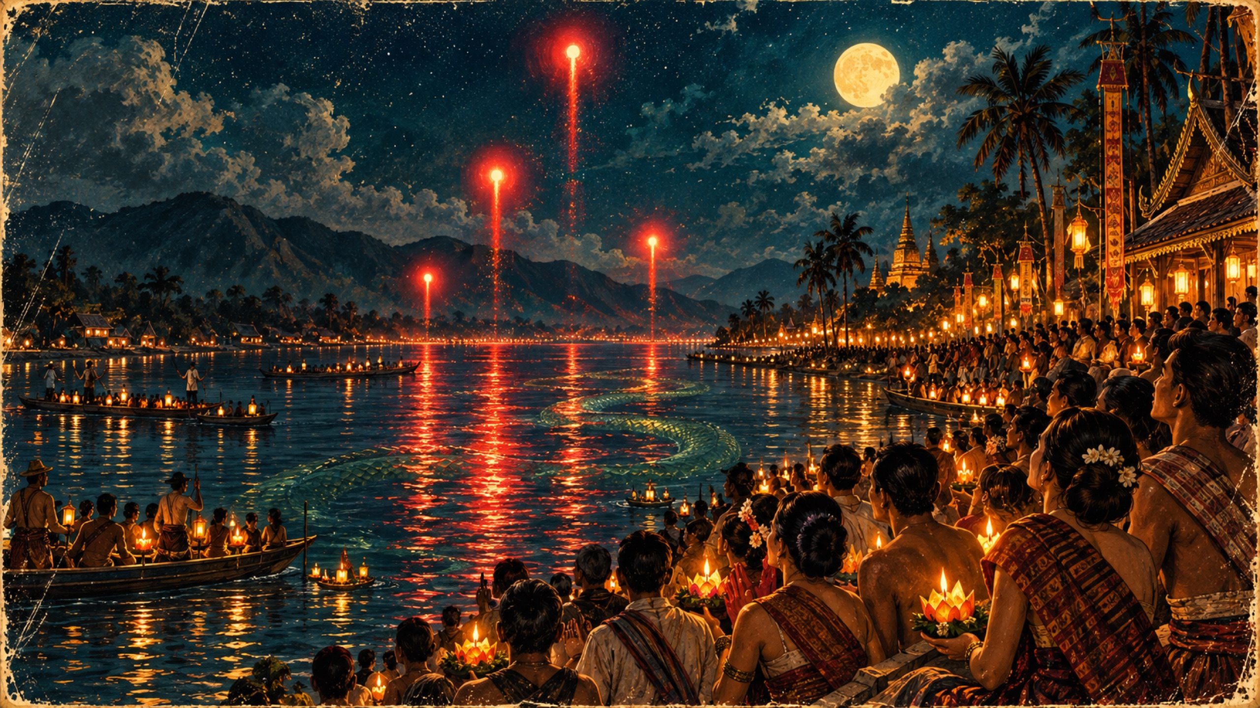 Glowing red fireballs rising from the Mekong River at night while crowds watch from the riverbank