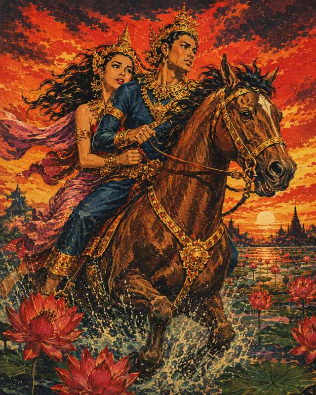 Nang Ai and Phadaeng riding through Red Lotus Lake