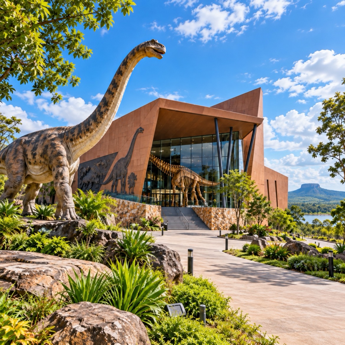 Dinosaurs of Isan Museum, Udon Thani Life-size sauropod dinosaur statue outside a modern museum building in Isan, Thailand